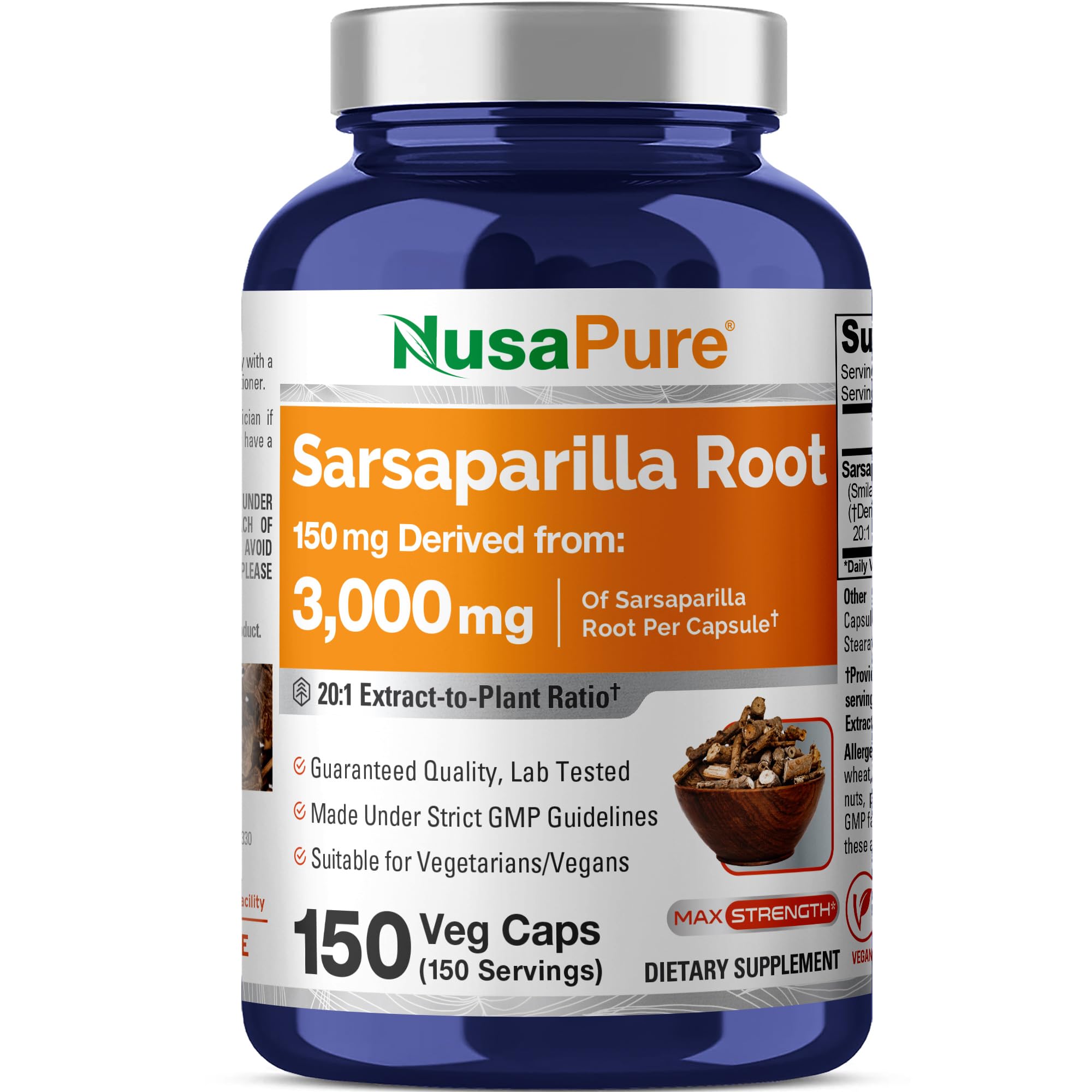 NusaPure Sarsaparilla Root 20:1 Extract - Suitable for Vegetarian/Vegan, Non - GMO - 3000 mg - 150 Capsules NusaPure buy supplements canada