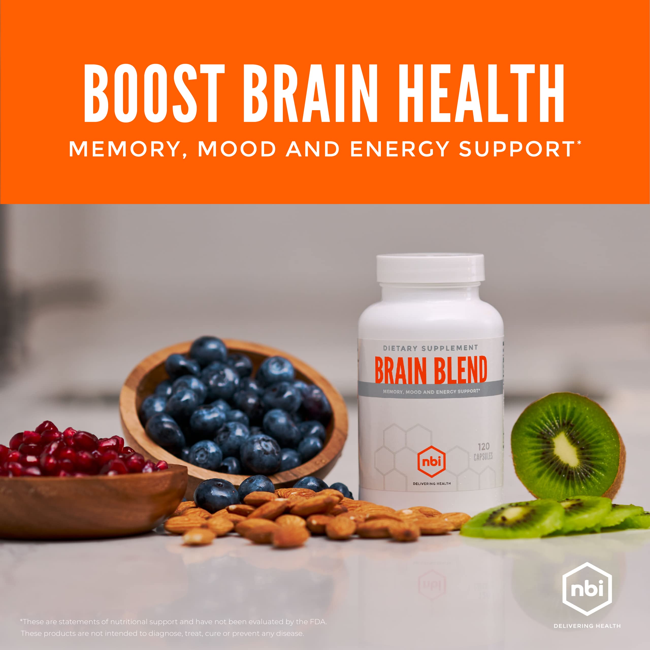 NBI Brain Blend for Memory, Focus, Concentration, Cognitive Function for Men & Women | Caffeine-Free with ALCAR, Alpha Lipoic Acid, Huperzine A, Turmeric | Nootropic | 120ct Capsules NBI buy supplements canada