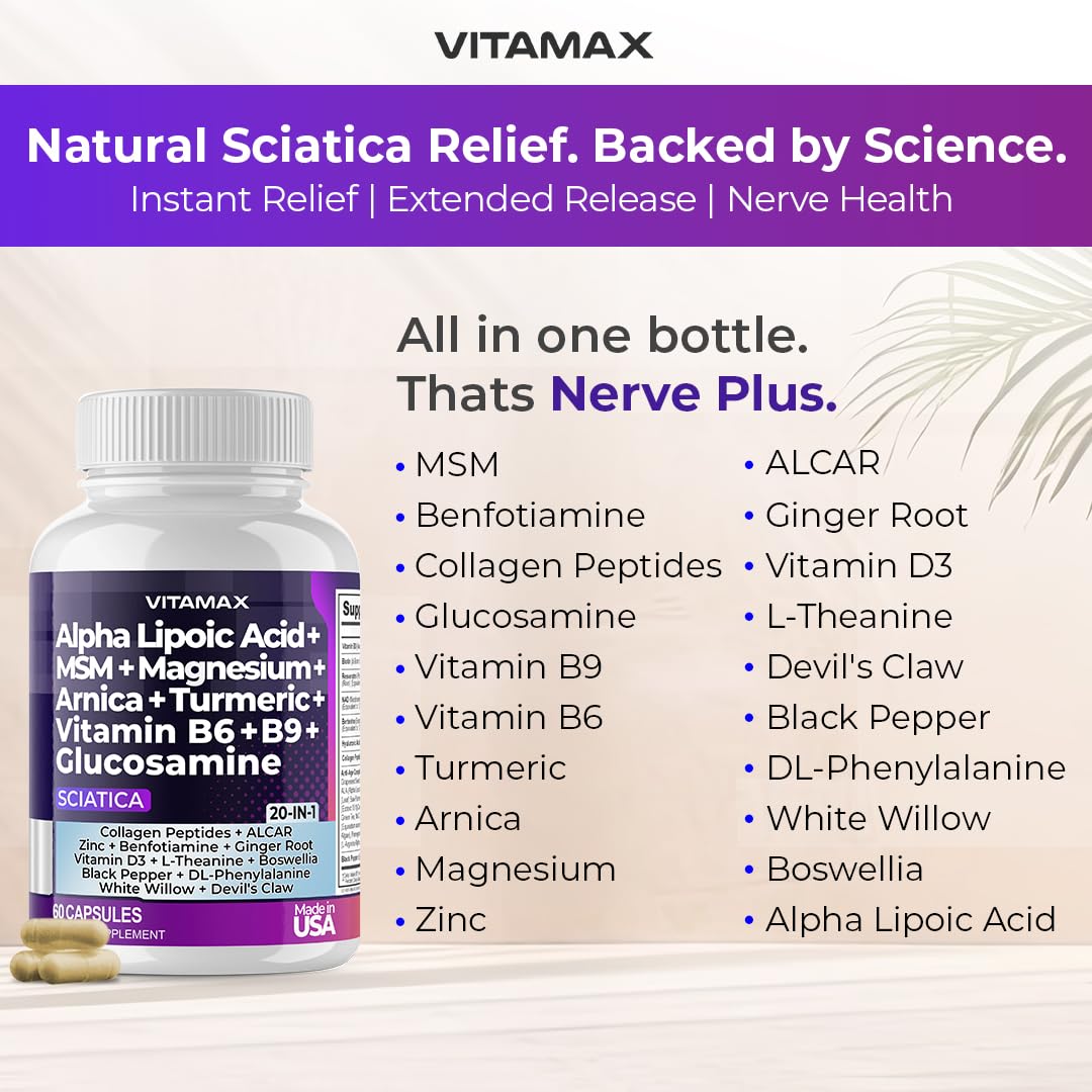 Sciatic Nerve Health Support - Sciatic Nerve Supplement Capsules with Folic Acid, Pea, Glucosamine, MSM, Vitamin B Complex, Alpha Lipoic Acid 300mg – 60ct – Made in USA Vitamax buy supplements canada