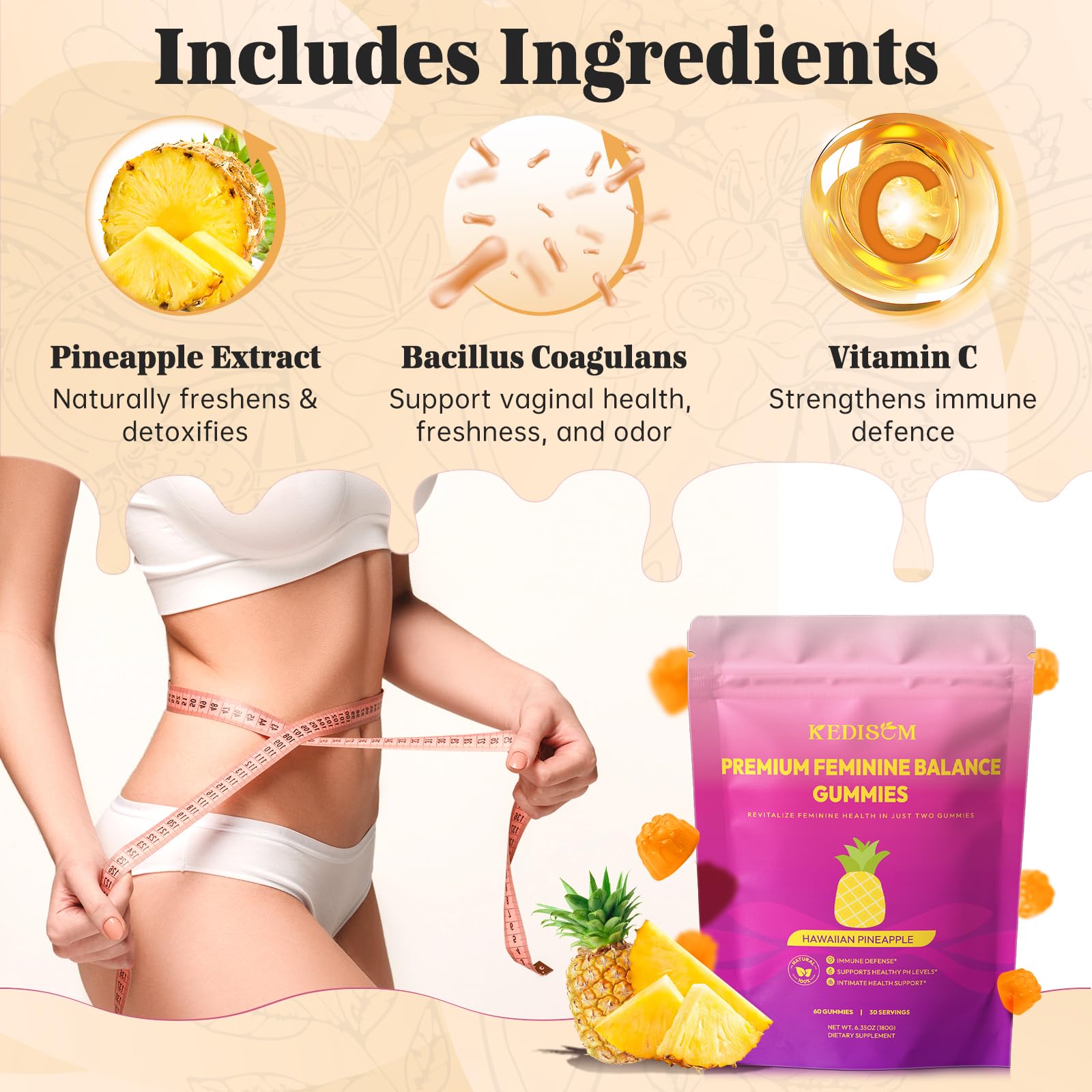 KEDISOM Premium Feminine Balance Gummies - for Women’s Health & Wellness - Immune Support - Vegan, Gluten-Free - Hawaiian Pineapple - 60 Gummies - 30 Servings KEDISOM buy supplements canada