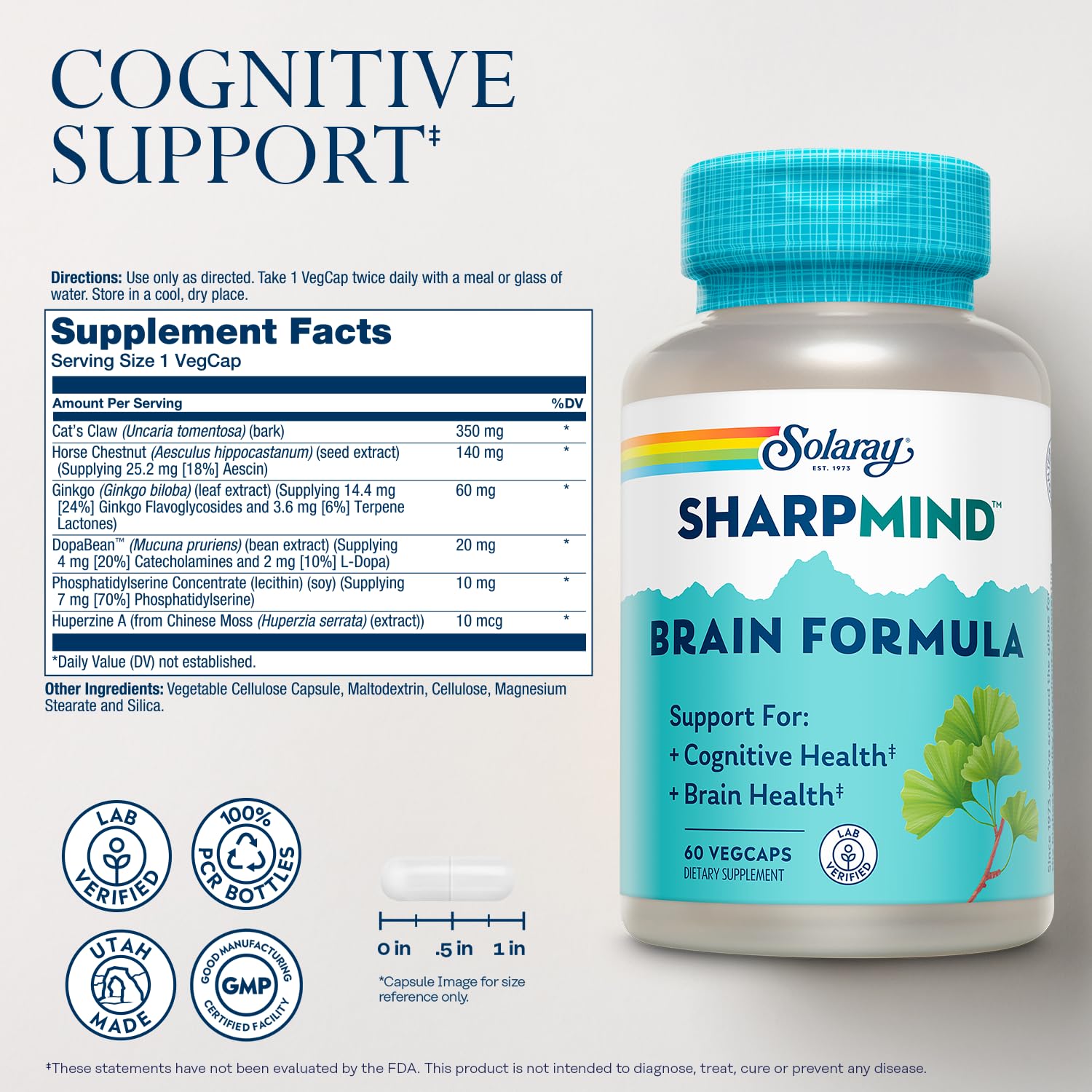 SOLARAY SharpMind Brain Support Formula - Nootropic Brain Supplements - Cognitive and Brain Health Support with Ginkgo Biloba - 60-Day Guarantee, 60 Servings, 60 VegCaps SOLARAY buy supplements canada