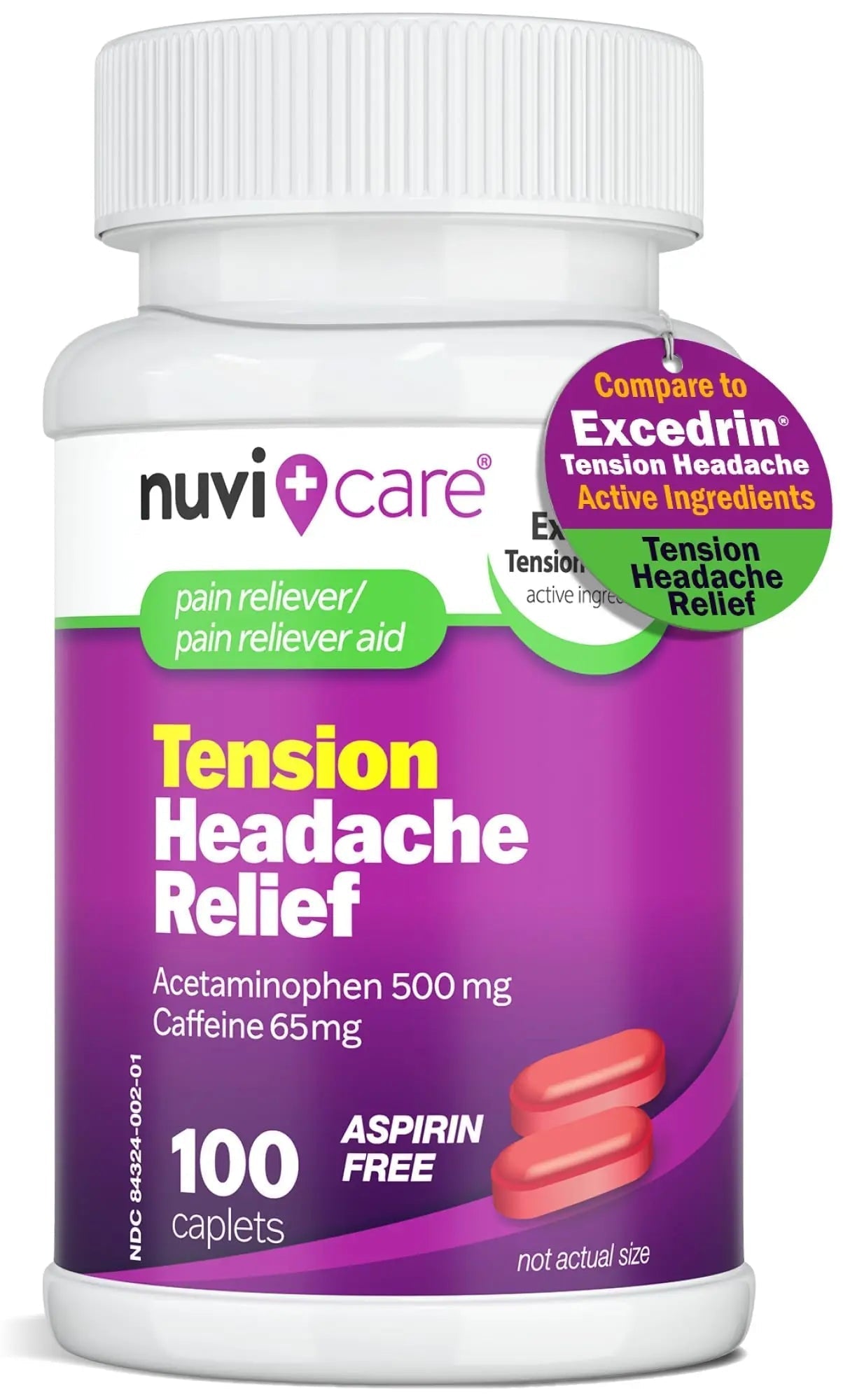 Nuvicare Tension Headache Relief Pills with 500mg Acetaminophen and 65mg Caffeine - Non Aspirin Pain Reliever Aid - Compare to Active Ingredient in Aspirin Free Excedrin Tension Headache (100 Caplets) NUVICARE buy supplements canada