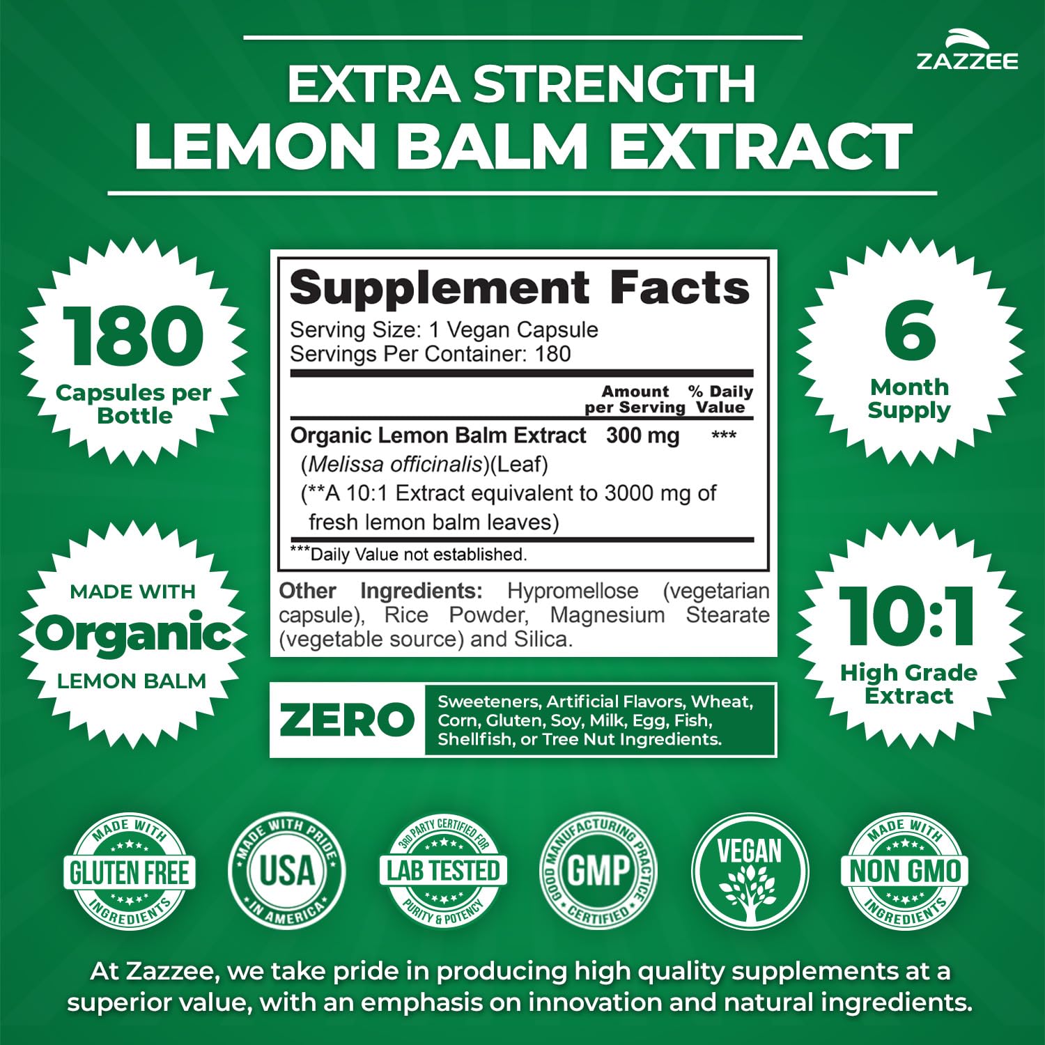 Zazzee Organic Lemon Balm 10:1 Extract, 180 Vegan Capsules, 6 Month Supply, Melissa Officinalis, Calm, Mood, Stress & Relaxation Support, Herbal Supplement, All-Natural, Non-GMO, Made in the USA Zazzee buy supplements canada