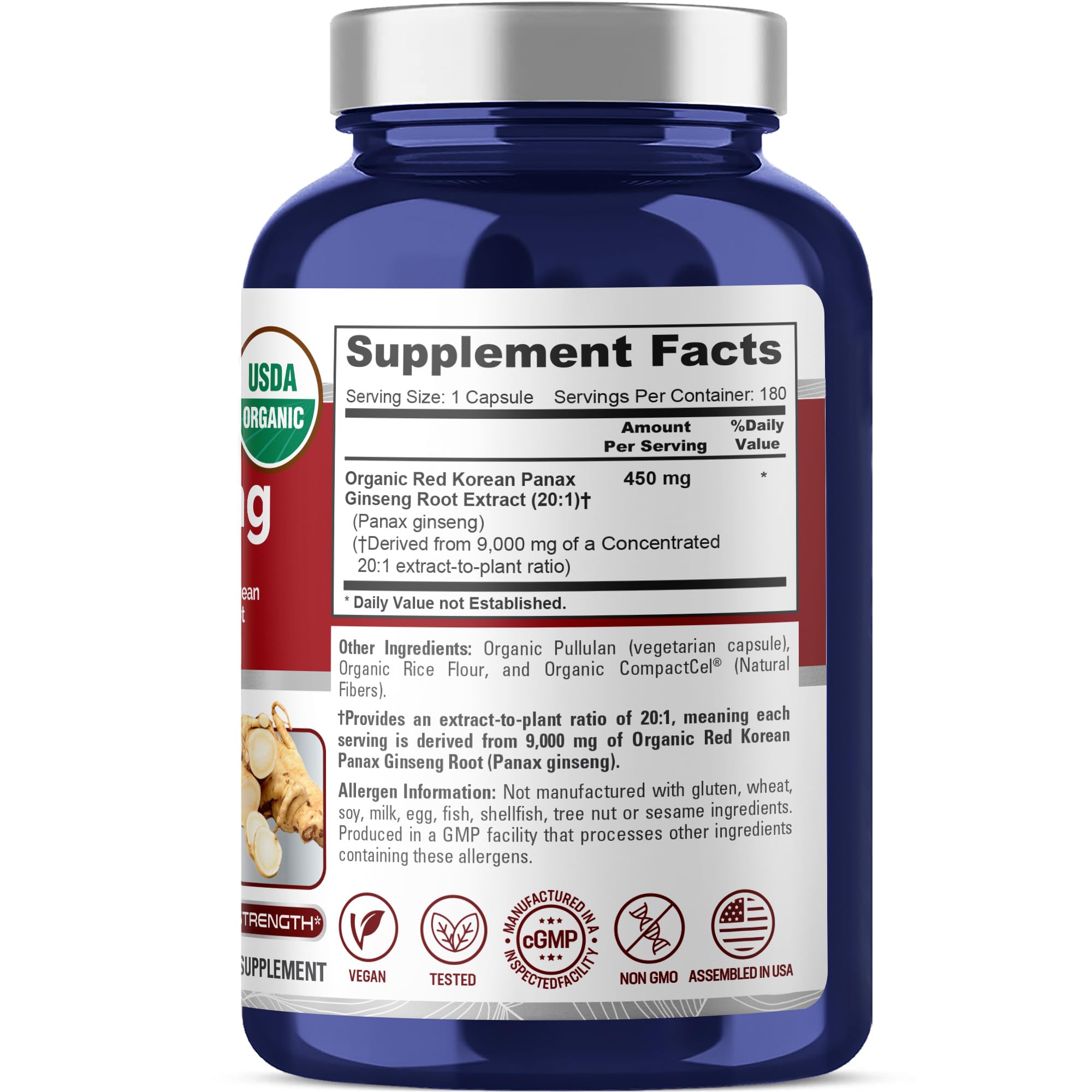 NusaPure Red Korean Panax Ginseng 20:1 Extract, 450 mg Equivalent to 9,000 mg 180 Veggie Caps (USDA Organic, Non-GMO, Vegan, Vegetarian, Bioperine) NusaPure buy supplements canada