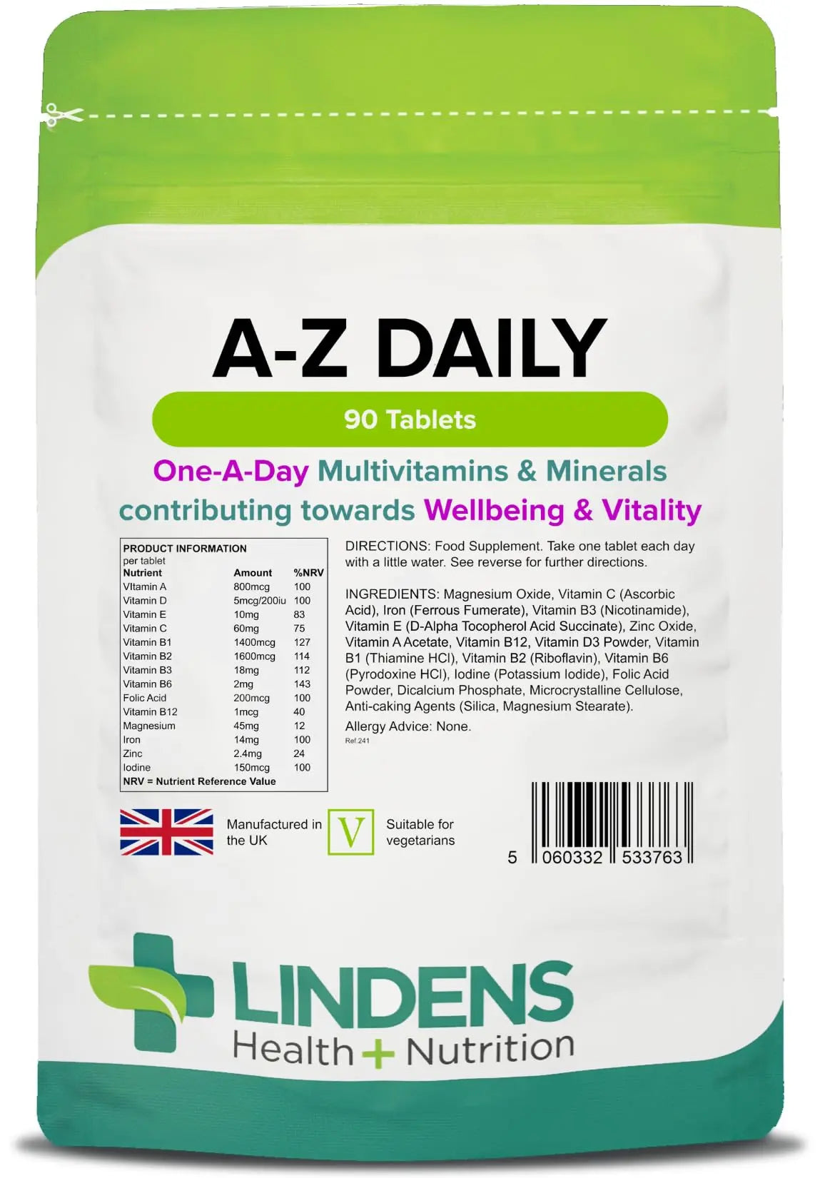 Multivitamin A-Z Daily Tablets 90 Tablets by Lindens Lindens buy supplements canada