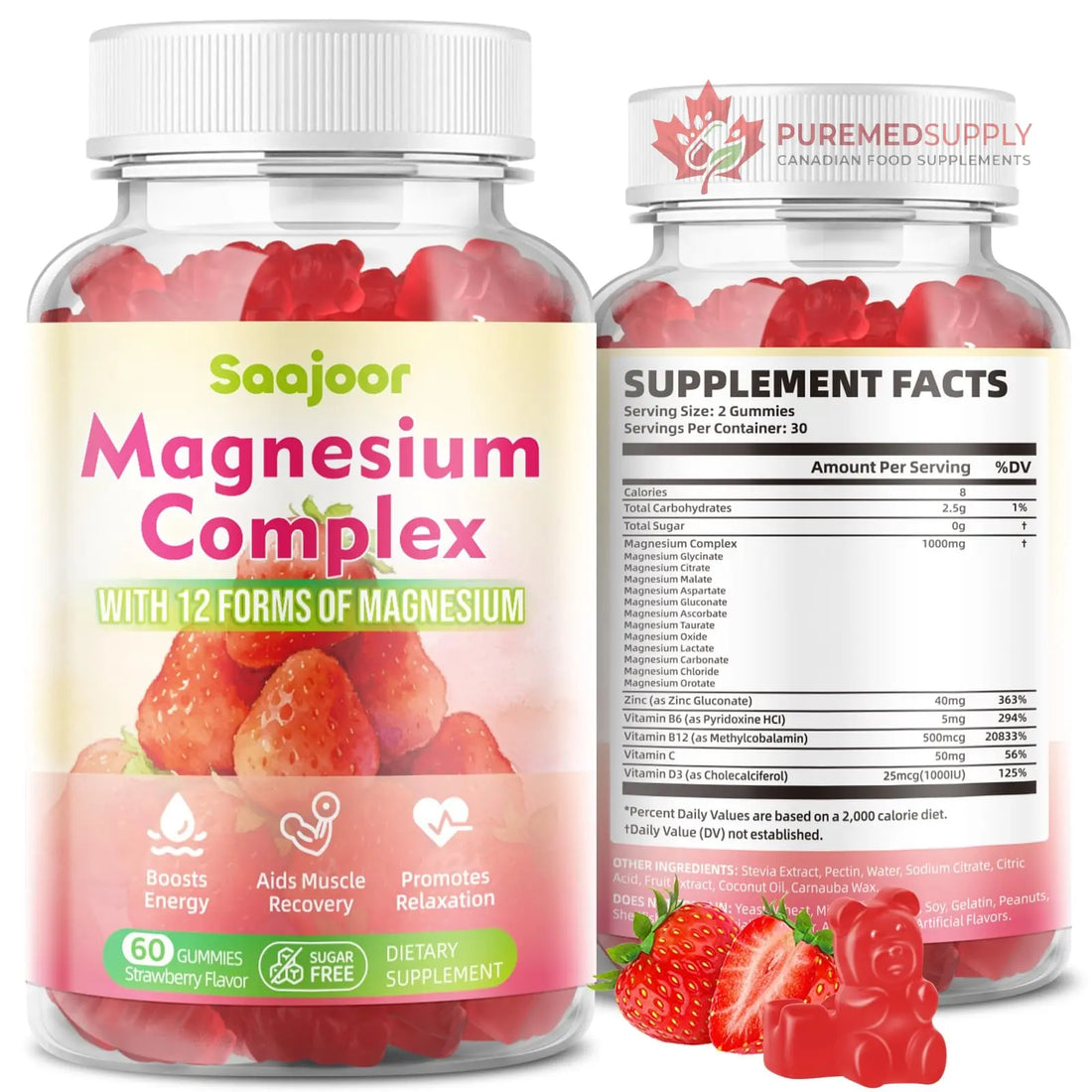 Magnesium Complex Gummies – with 12 Forms of Magnesium (Citrate, Glycinate, Malate, Oxide, and More) Plus Vitamins B6, B12, and C. for Women and Men – Strawberry Flavor, 60 Count Saajoor buy supplements canada