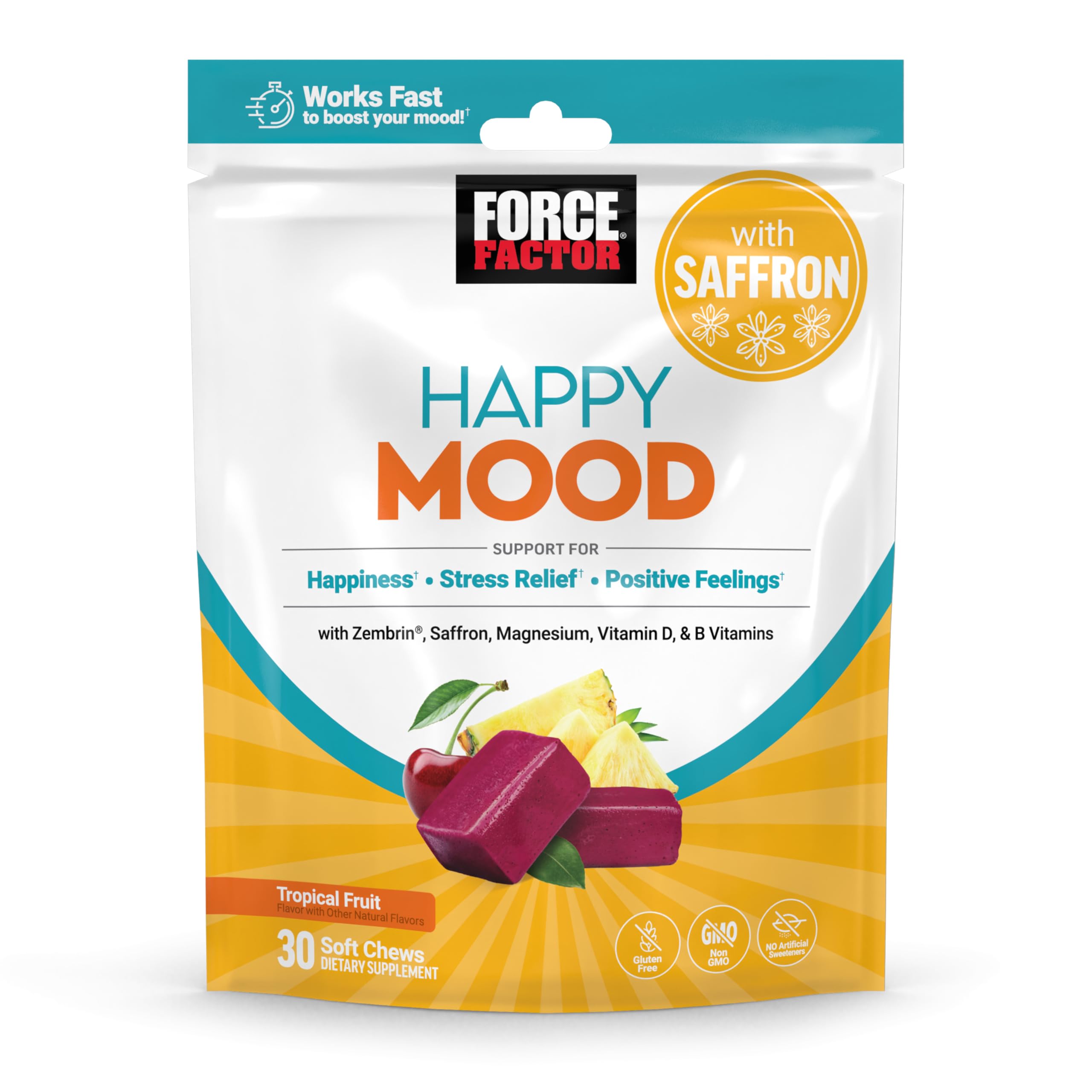 FORCE FACTOR Happy Mood, Mood Support and Mood Balance Supplement to Support Happiness, Positivity, and Stress, Made with Magnesium, Saffron, Zembrin, Non-GMO, Tropical Fruit Flavor, 30 Soft Chews Force Factor buy supplements canada