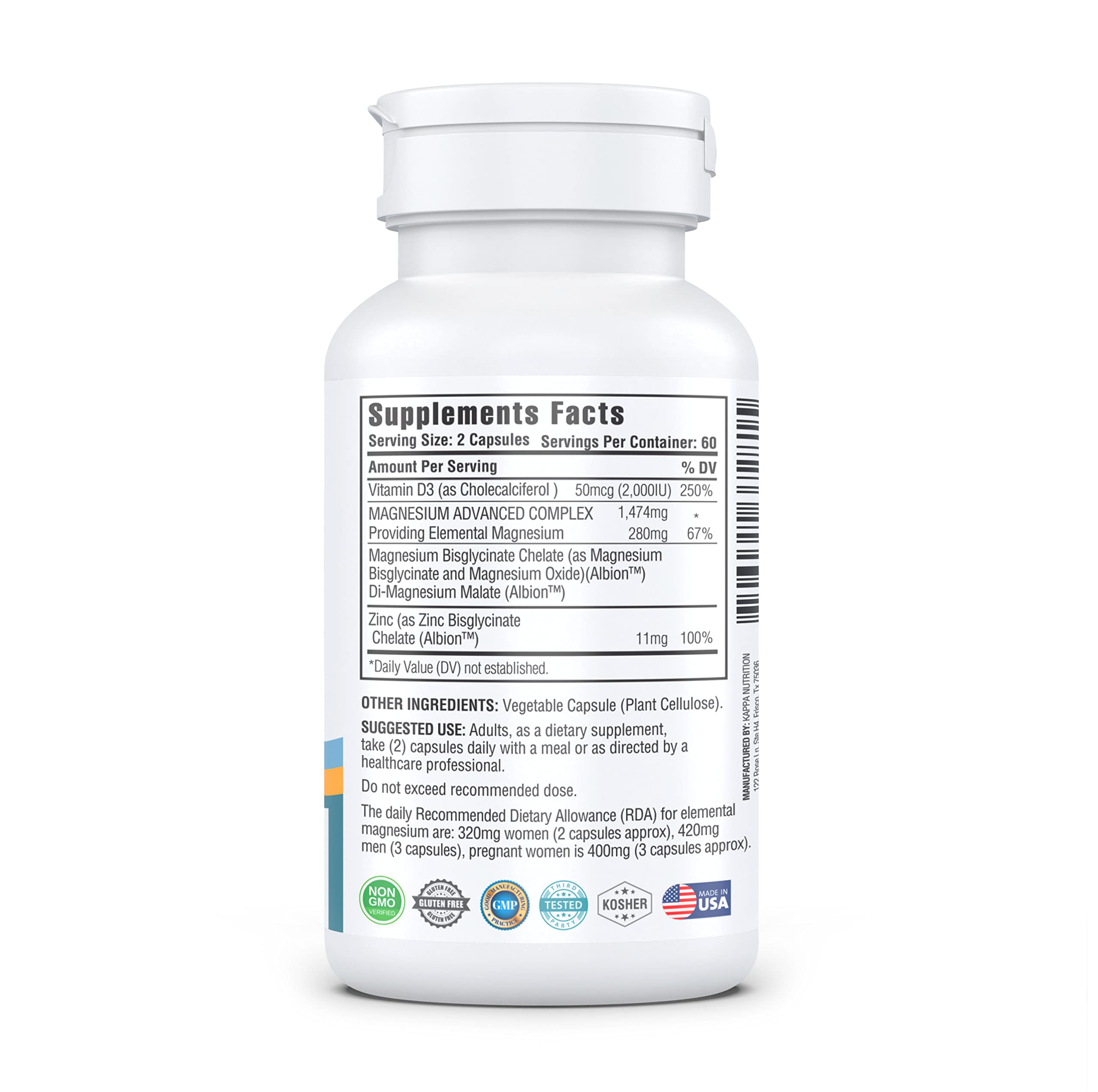 Kappa Nutrition Magnesium 4-in-1, 280mg Elemental Magnesium (Bisglycinate, Malate) + Zinc & Vitamin D3, Brain, Sleep, Energy, Muscle, Immune Support, 120 Vegan Capsules. KAPPA NUTRITION buy supplements canada