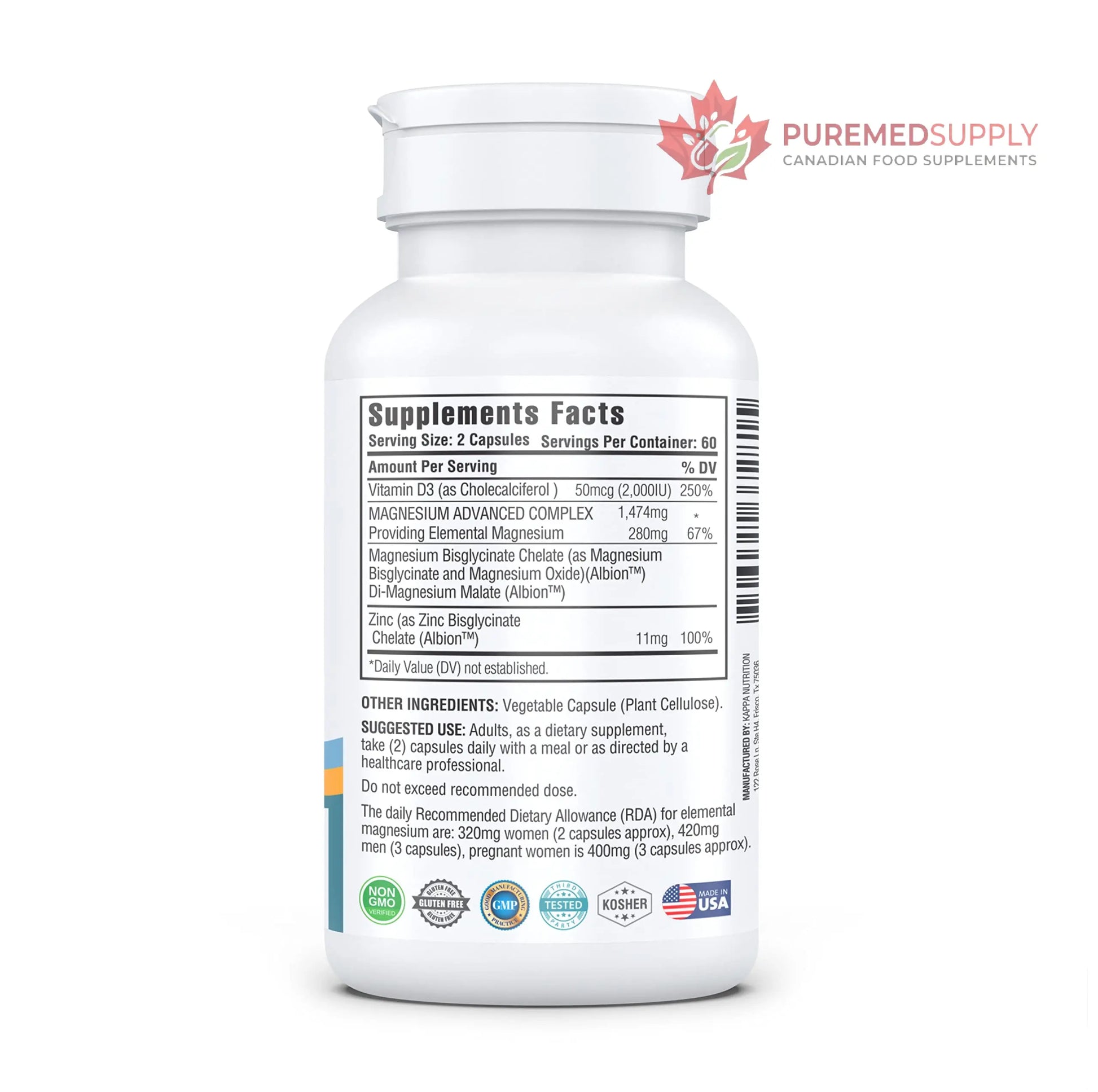 Kappa Nutrition Magnesium 4-in-1, 280mg Elemental Magnesium (Bisglycinate, Malate) + Zinc & Vitamin D3, Brain, Sleep, Energy, Muscle, Immune Support, 120 Vegan Capsules. KAPPA NUTRITION buy supplements canada