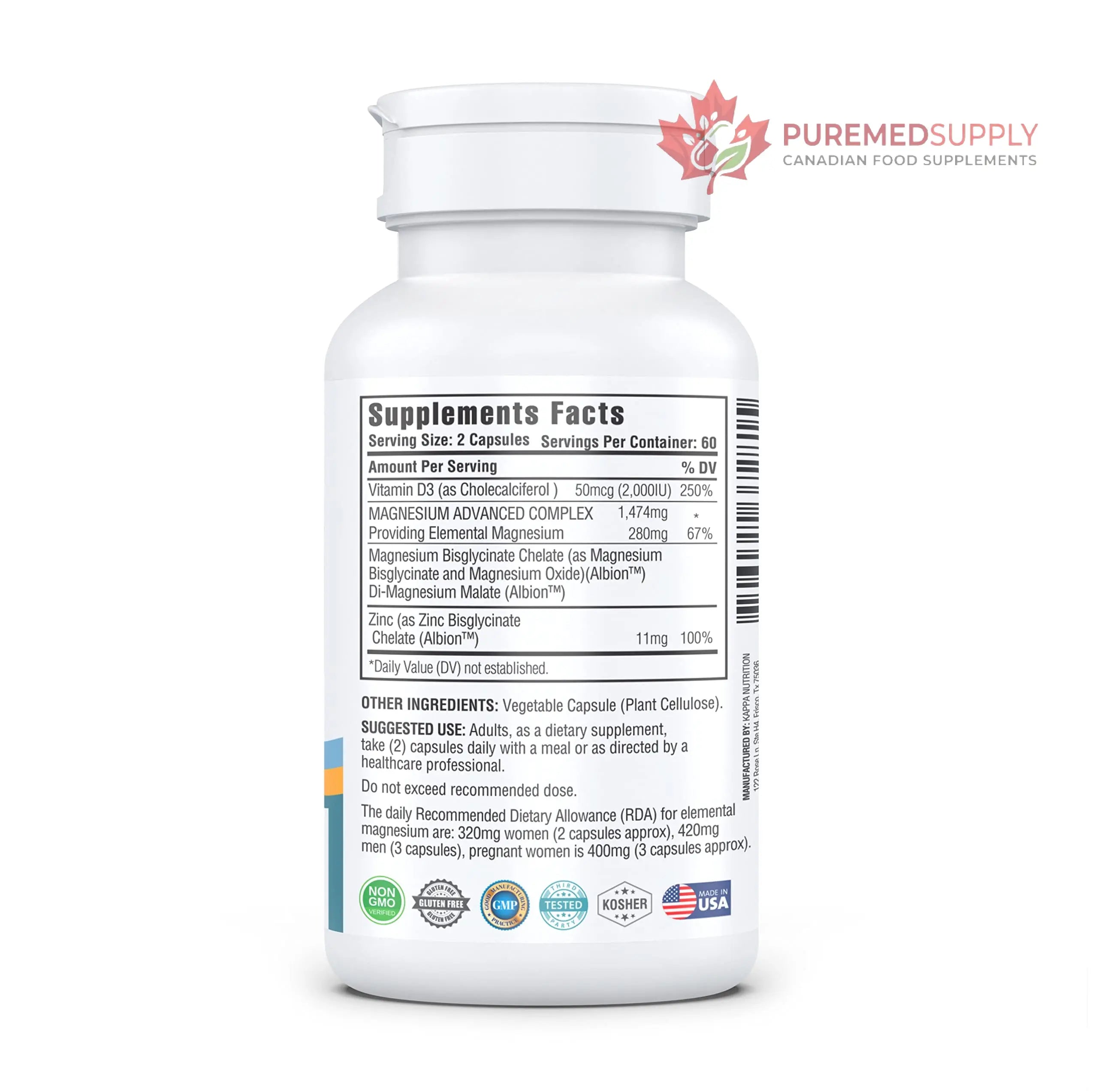 Kappa Nutrition Magnesium 4-in-1, 280mg Elemental Magnesium (Bisglycinate, Malate) + Zinc & Vitamin D3, Brain, Sleep, Energy, Muscle, Immune Support, 120 Vegan Capsules. KAPPA NUTRITION buy supplements canada