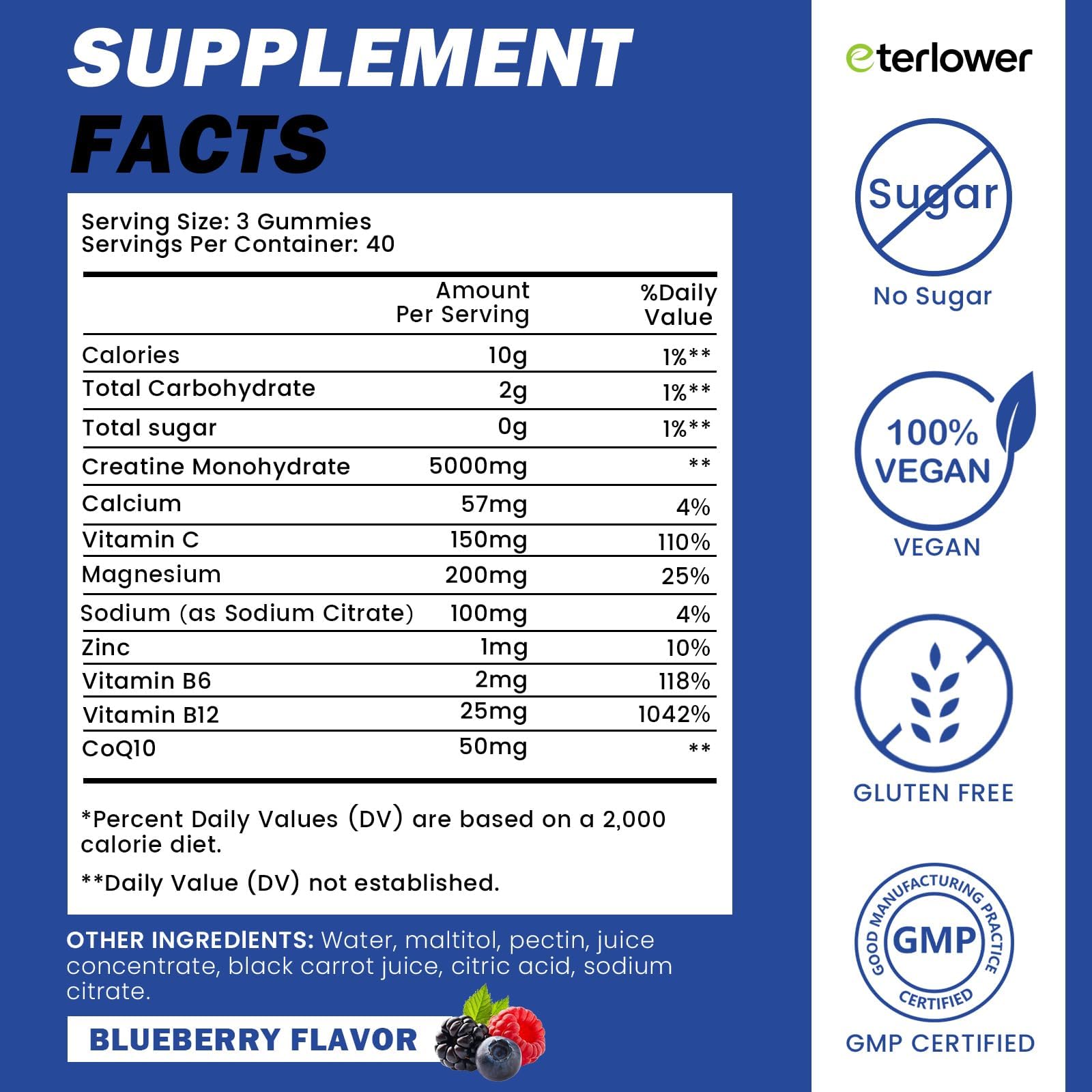 eterlower Creatine Monohydrate Gummies 5g – Pre-Workout Energy & Muscle Growth Support for Men & Women | Blueberry Electrolyte Gummies, 120 Count eterlower buy supplements canada