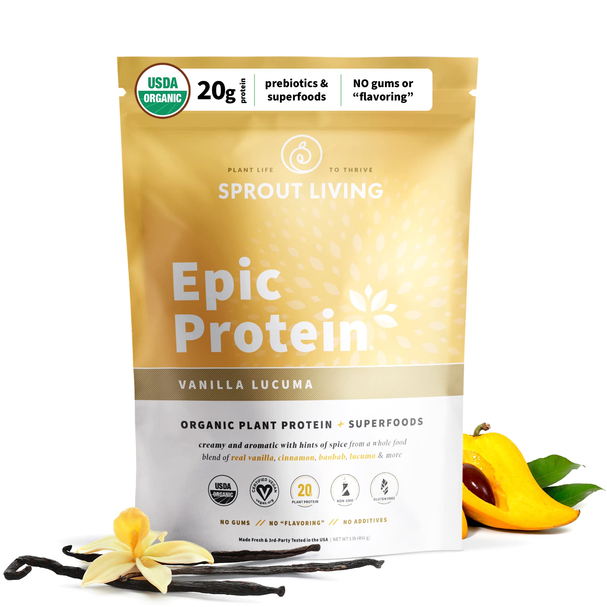 Sprout Living Epic Protein, Plant Based Protein & Superfoods Powder, Vanilla Lucuma Powder | 20 Grams Organic Protein Powder, Vegan, Non Dairy, Non-GMO, Gluten Free, Low Sugar (1 Pound, 12 Servings) Sprout Living buy supplements canada