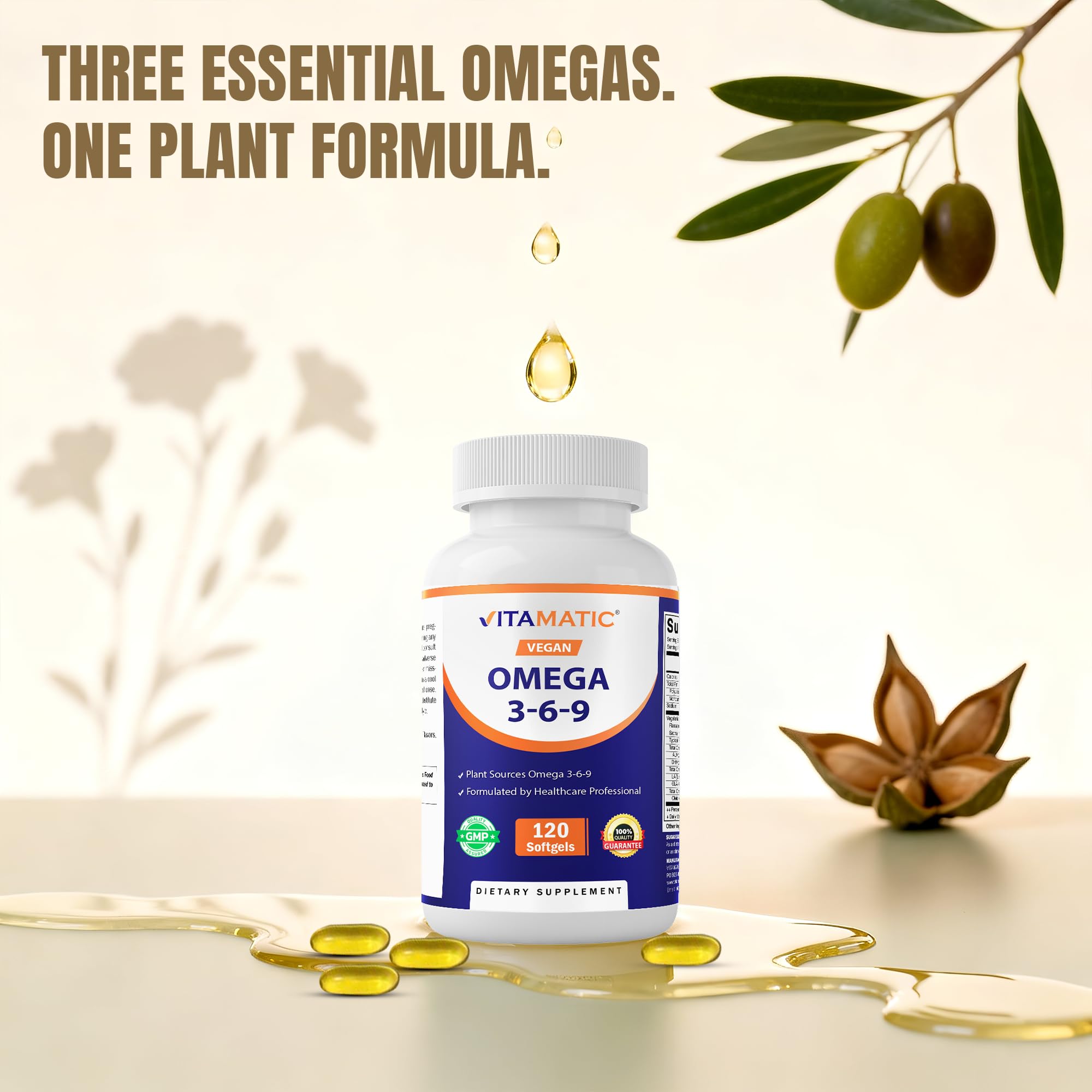 Vitamatic Vegan Omega 3-6-9 Complex 1250mg | Flaxseed, Olive, Borage & Algae Oils | Plant-Based Omegas | 120 Softgels Vitamatic buy supplements canada