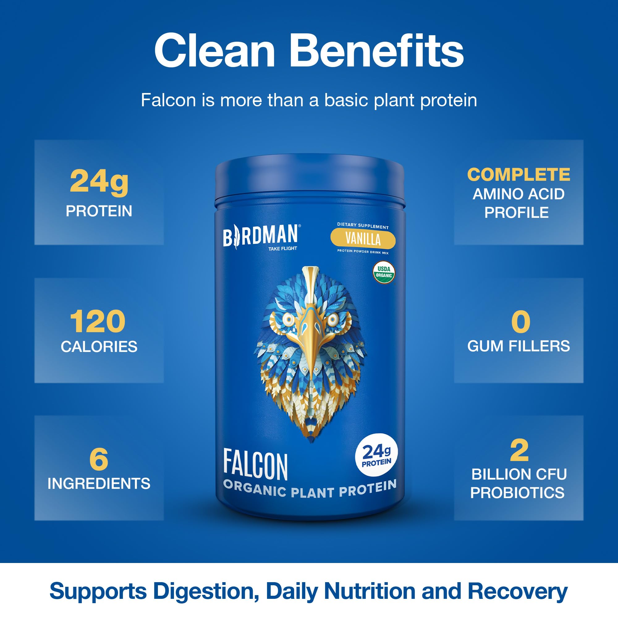 BIRDMAN Falcon Organic Vegan Protein Powder Vanilla, 24g Protein, Sugar Free, Probiotics, Low Carb, Keto Friendly, Dairy Free, Lactose Free, Non Whey BIRDMAN buy supplements canada