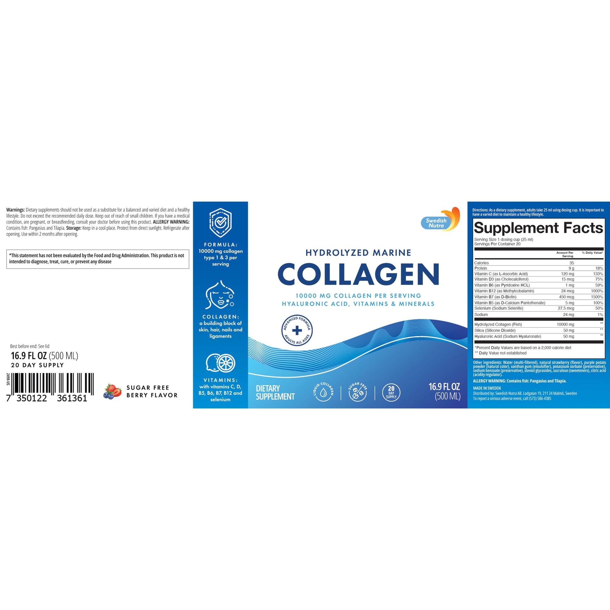 Swedish Nutra 10,000 mg Hydrolyzed Marine Collagen Liquid Supplement - 500 ml, 20 Day Supply | Hyaluronic Acid, Biotin & Vitamin C for Healthy Hair, Skin, Nails & Joints | For Men & Women | Sugar-Free Swedish Nutra buy supplements canada