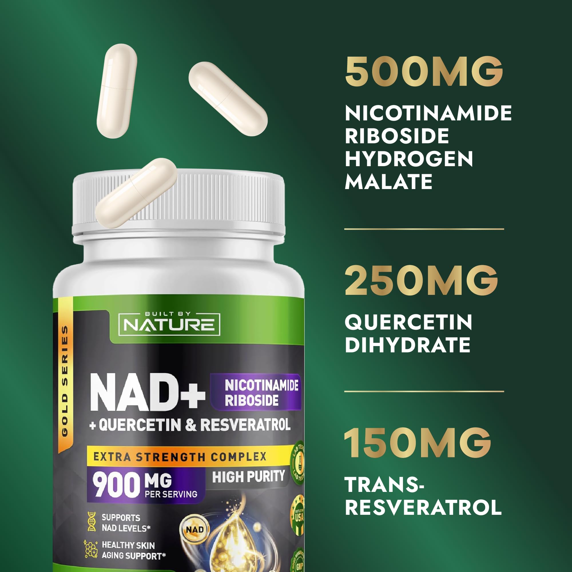 Built by Nature NAD Supplement – NAD+ Nicotinamide Riboside with Resveratrol & Quercetin 900mg Formula – NMN Alternative Supplement for Energy, Cellular Health & Anti-Aging – 90 Capsules Built by Nature buy supplements canada