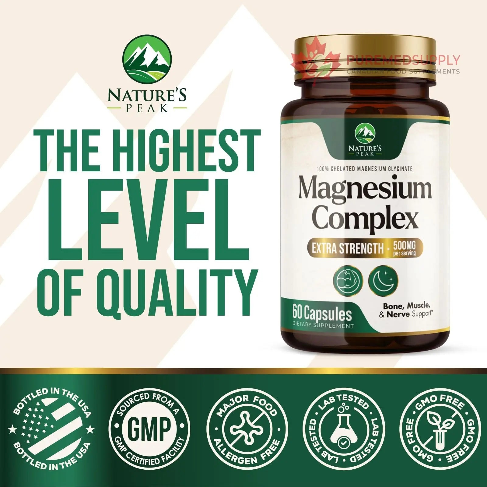 Magnesium Complex Supplement - Magnesium 500mg Per Serving - High Absorption Blend of Glycinate, Citrate, Malate, Oxide - Supports Sleep, Muscle, Bone, Heart Health - Bottled in USA - 60 Capsules Nature's Peak buy supplements canada