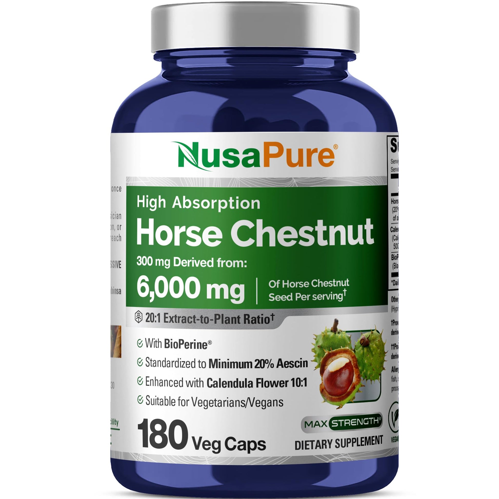 NusaPure Horse Chestnut 20:1 Extract, 300 mg Equivalent to 6,000mg 180 Veggie Caps Non-GMO, Vegan, BioPerine, Calendula Flower NusaPure buy supplements canada