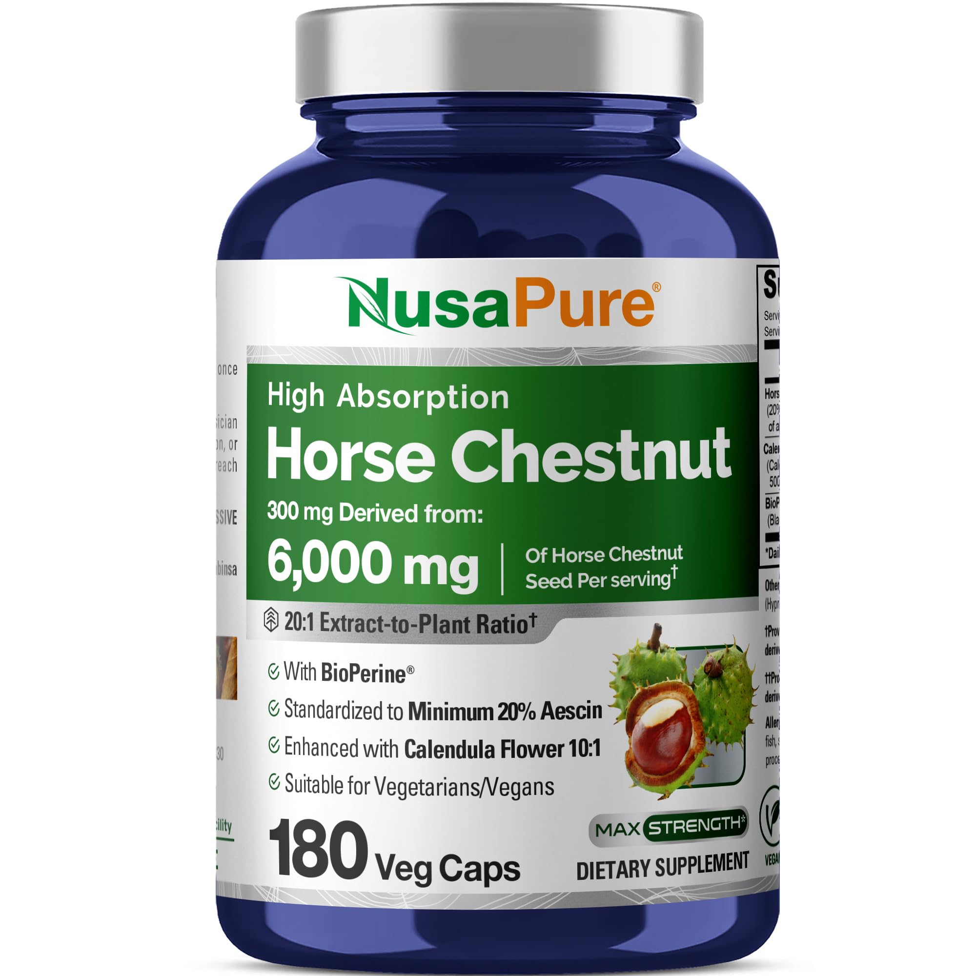 NusaPure Horse Chestnut 20:1 Extract, 300 mg Equivalent to 6,000mg 180 Veggie Caps Non-GMO, Vegan, BioPerine, Calendula Flower NusaPure buy supplements canada