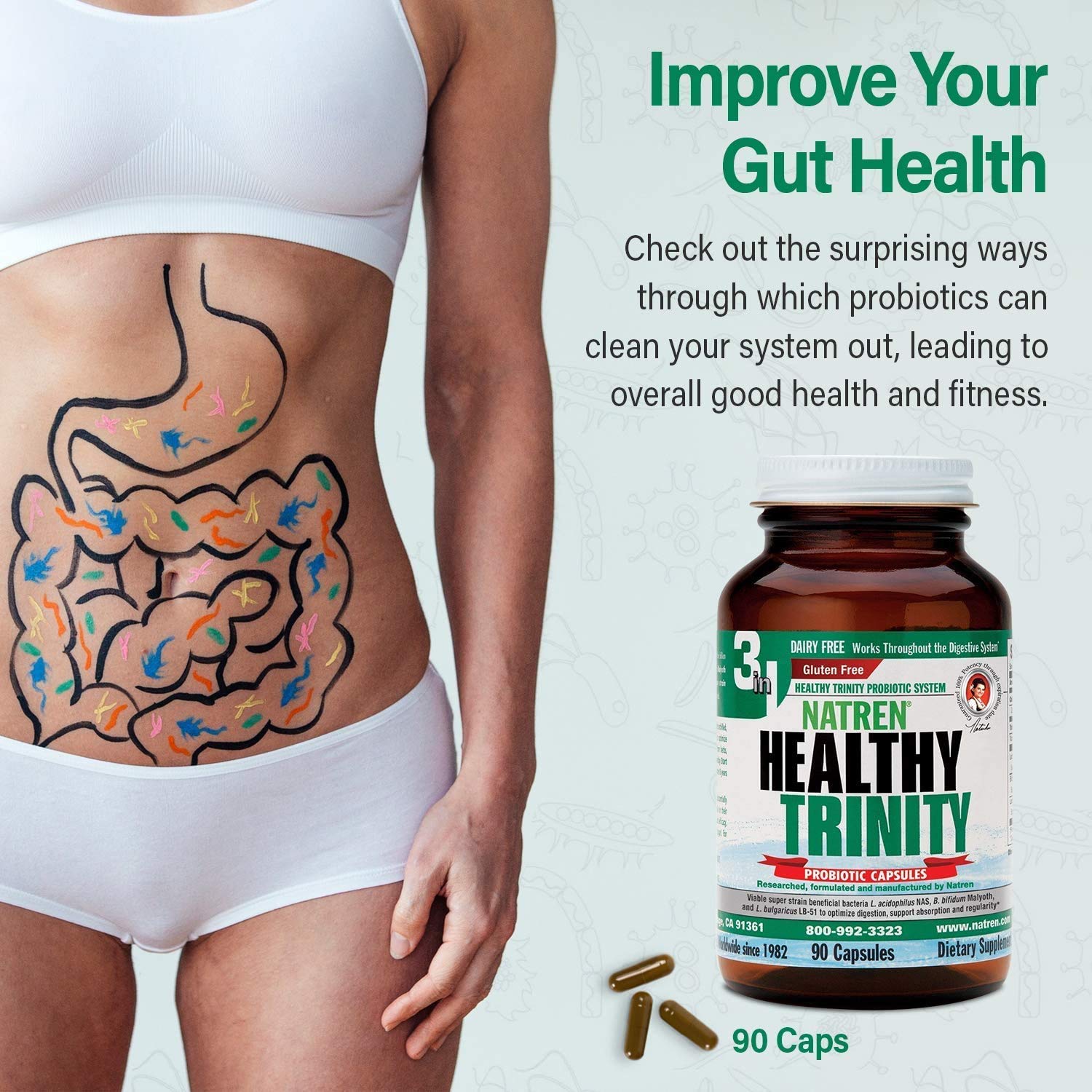 Natren Healthy Trinity Probiotics Supplement - 90 Dairy and Gluten Free Gel Capsules - Improve Gut and Digestive Health, 30 Billion CFU - Lactobacillus Acidophilus, Bifidobacterium, Bulgaricus Natren buy supplements canada