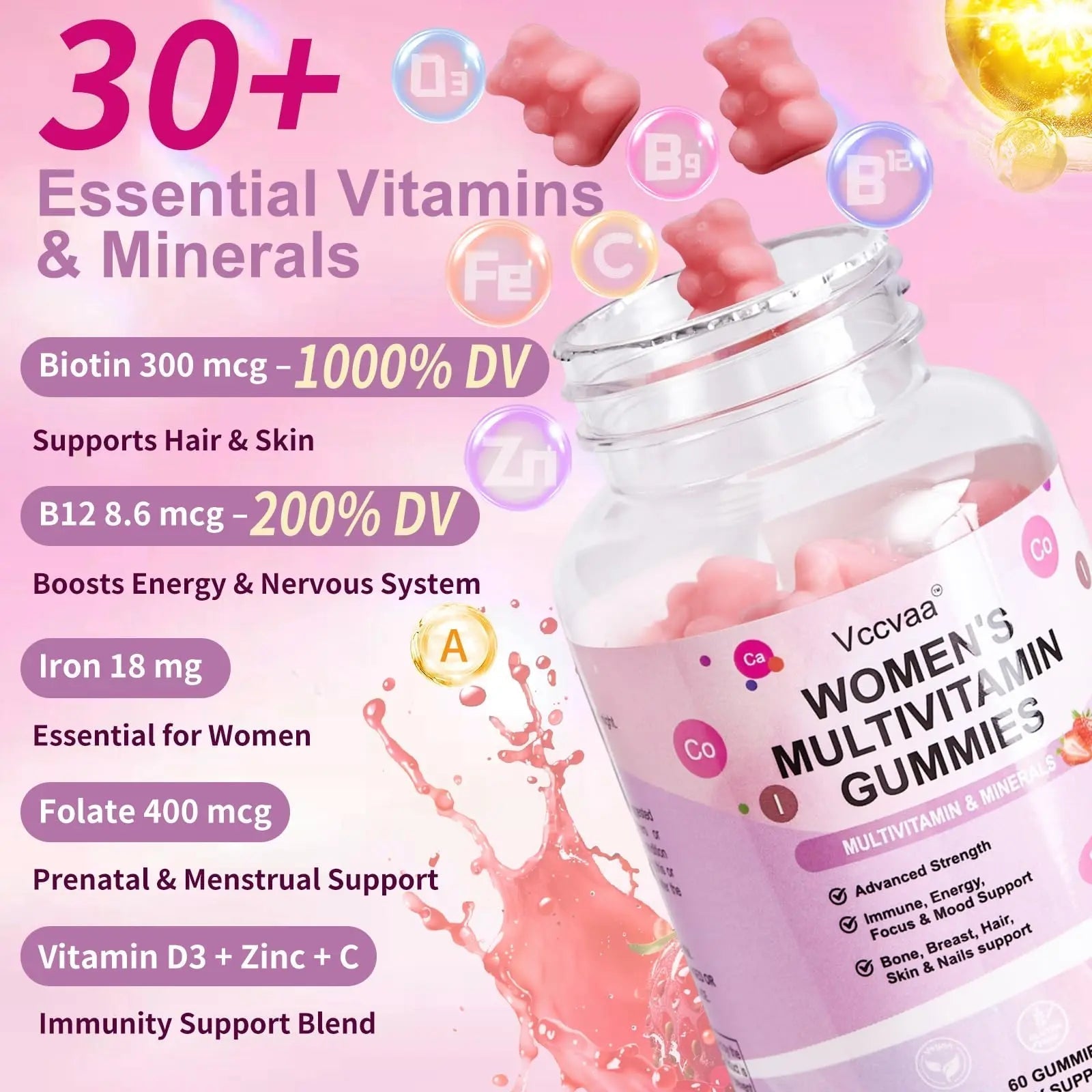 Vccvaa Sugar Free Multivitamin Gummies for Women 14+ with Iron, Inositol, Folate, Vitamins A C D3 E B12 K2, Herbal & Mineral Blend Vccvaa buy supplements canada