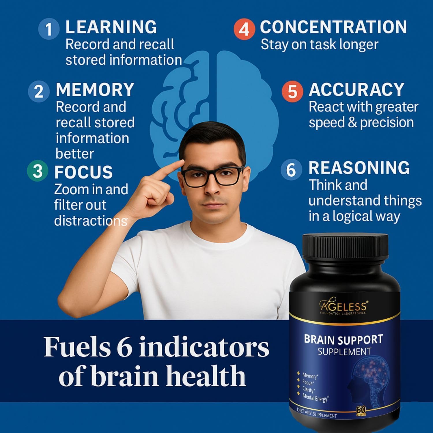 Ageless Brain Supplements for Memory and Focus 1000 MG | Cognitive Improvement | Formulated with Clinically Studied Ingredients | Support Mental Clarity & Neuro Health | Vitamin B6, B12, 60 Capsules Ageless Foundation Laboratories buy supplements canada