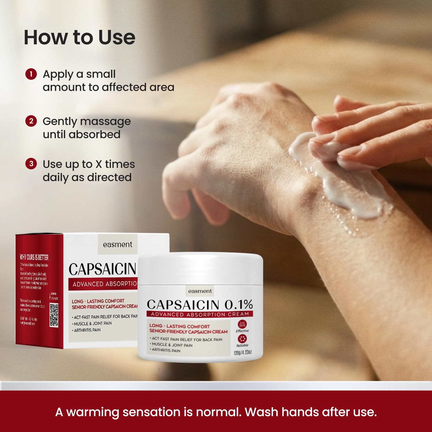 Easment Capsaicin Pain Relief Cream – Topical Arthritis & Muscle Pain Relief for Joint, Nerve & Back Pain – Medicated Pain Cream with Capsaicin 0.1% – Arnica, Aloe & Chamomile, 4.23 Fl Oz Easment buy supplements canada