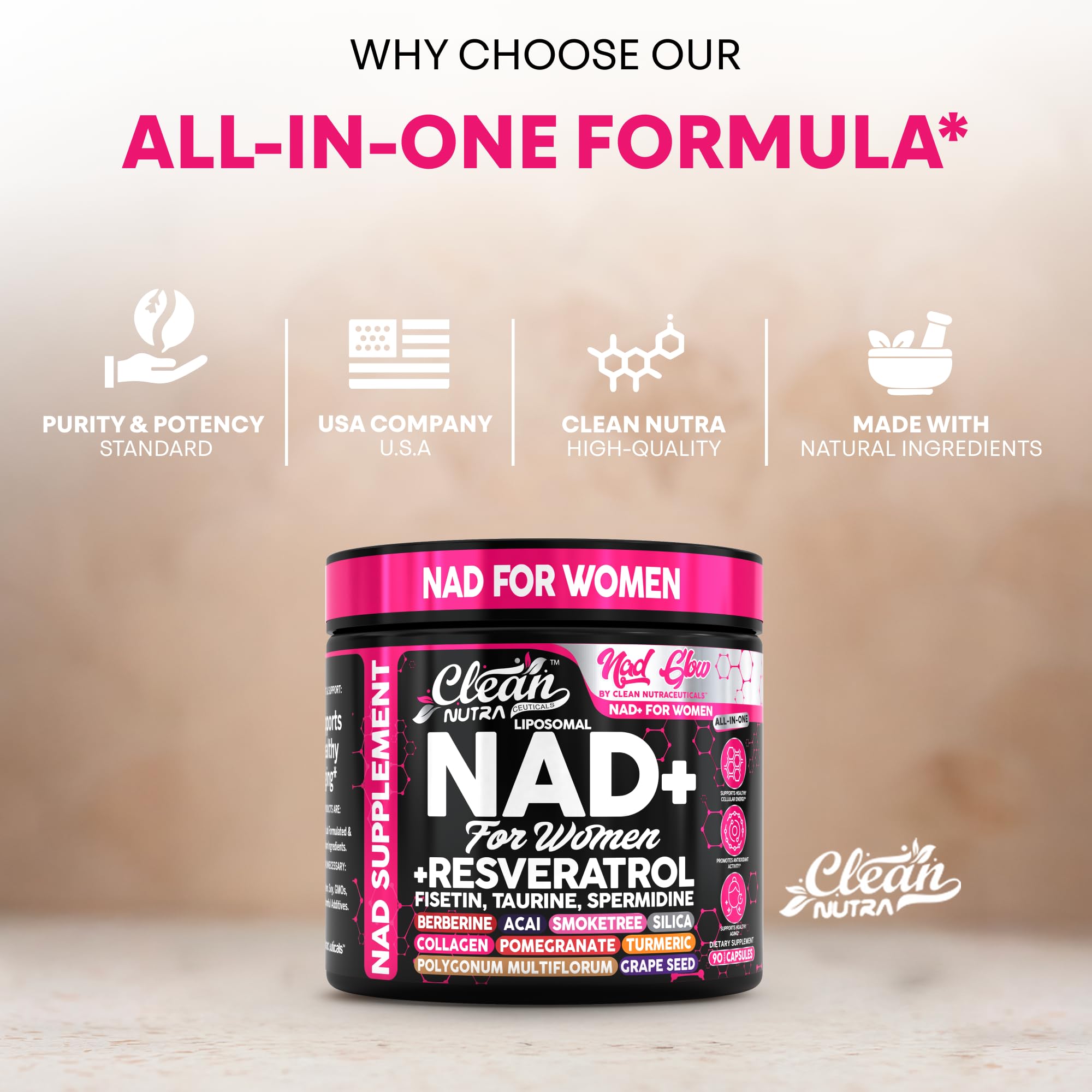 NAD+ Resveratrol Supplement for Women NAD Turmeric Vitamin C Acai Pomegranate Collagen Peptides Nicotinamide Riboside Fisetin Vitamin E Polygonum Multiflorum Berberine 90 Capsules by Clean Nutra Clean Nutraceuticals buy supplements canada