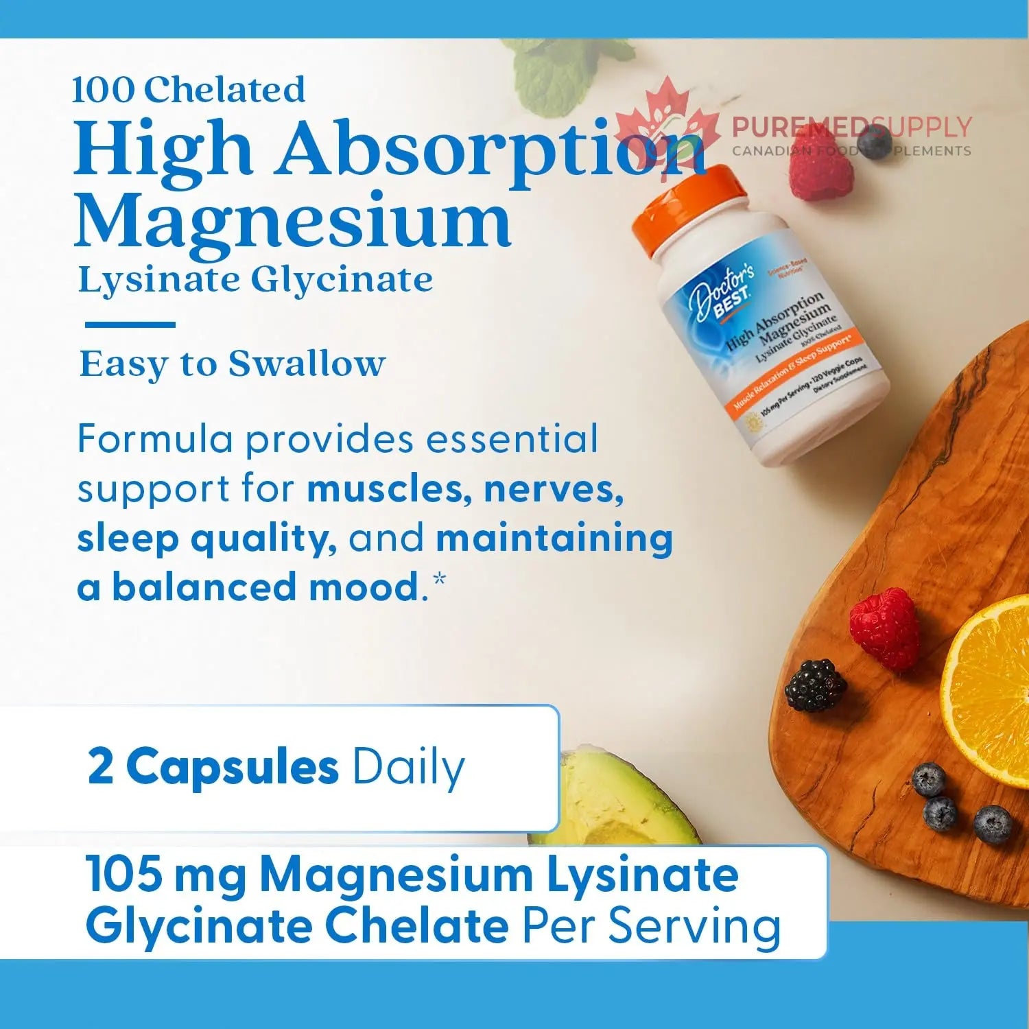 Doctor's Best High Absorption Magnesium Glycinate Lysinate Supplement for Sleep Support - Chelated Magnesium Capsules for Women & Men, 105 mg per Serving, Calm Support, Vegan - 120 Veg Caps Doctor's BEST buy supplements canada