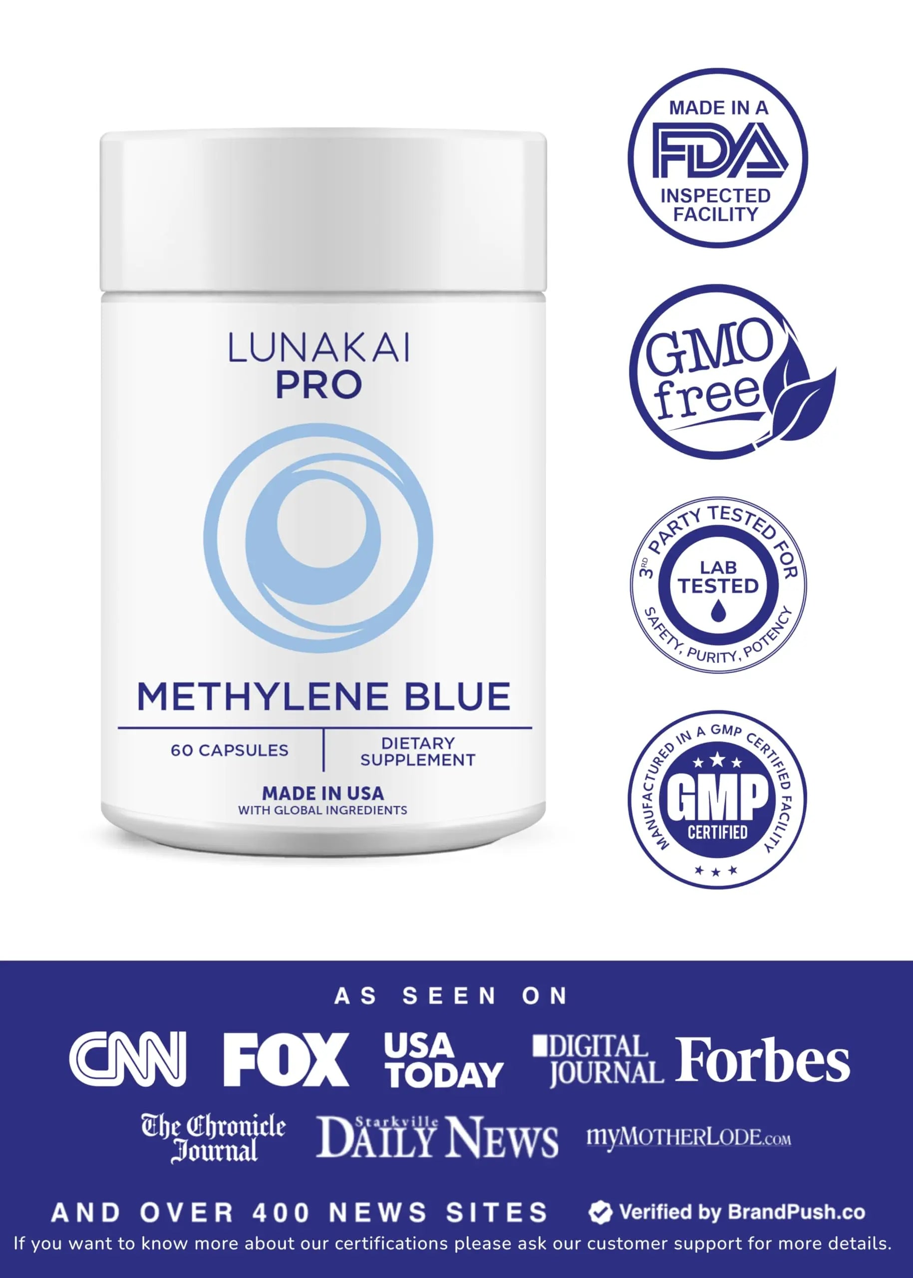 Lunakai PRO USA Made Methylene Blue Capsules Pharmaceutical Grade with Vitamin C, B6, B12 – 3rd-Party Tested Daily Brain & Focus Support Supplement for Humans, 60ct Lunakai buy supplements canada