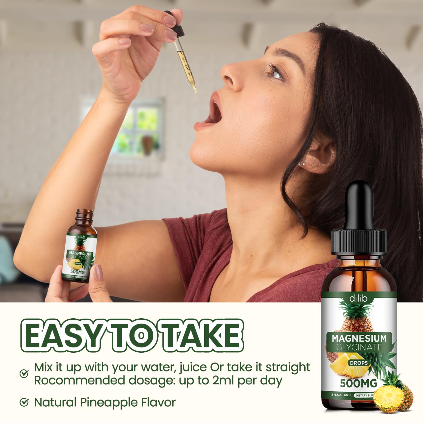Magnesium Glycinate Supplement, Liquid Magnesium Glycinate Liquid Drops 500mg-Support Stress Relief, Relaxation, Mood, Sleep, Bone & Muscle-2 Fl Oz, Vegan, Pineapple Flavor dilib buy supplements canada