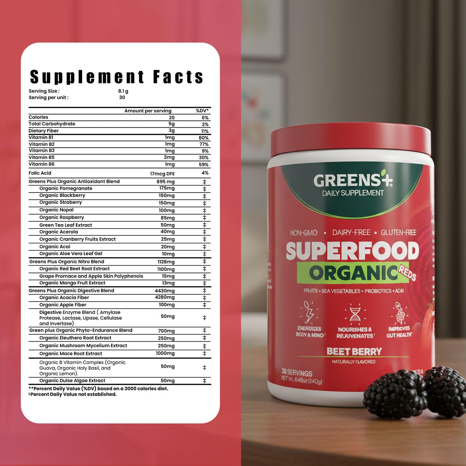 Greens+ Organic Reds Superfood Powder, Antioxidant, Polyphenol, Blend for Morning Kick, Energy, Vitality Boost, Nutrition, Vibrant Health, Vegan Soy/Dairy/Gluten Free(8.46oz) Greens+ buy supplements canada