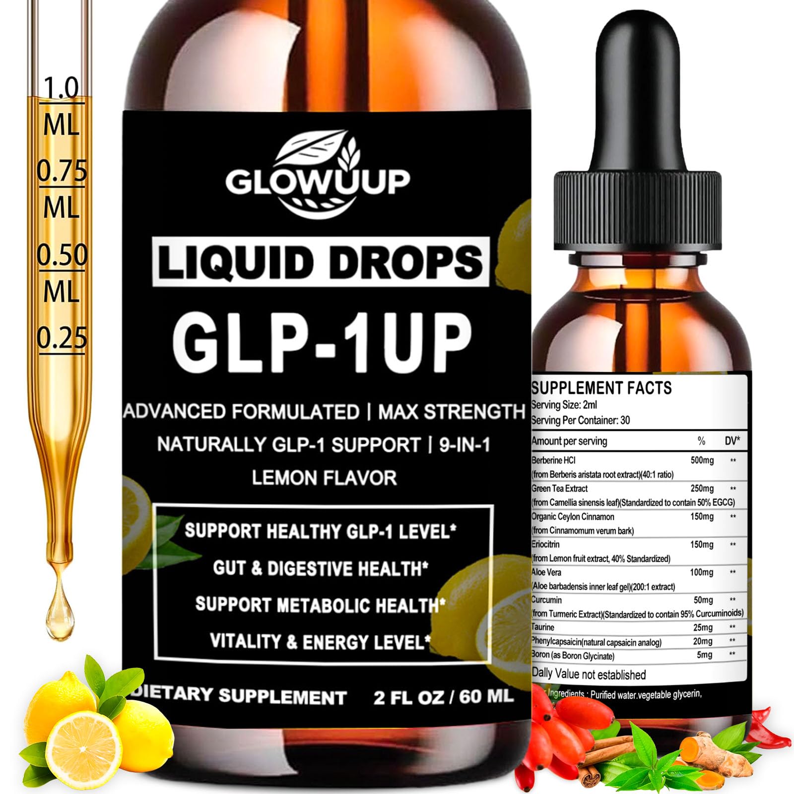 GLP-1 Supplement for Women & Men, 9-in-1 Naturally GLP-1 Support w. Berberine HCI Cyelon Cinnamon Green Tea Eriocitrin, GLP1 for Gut Digestion Metabolic, GLP-1 Drops 6X Stronger Than Capsules GLOVVUUP buy supplements canada