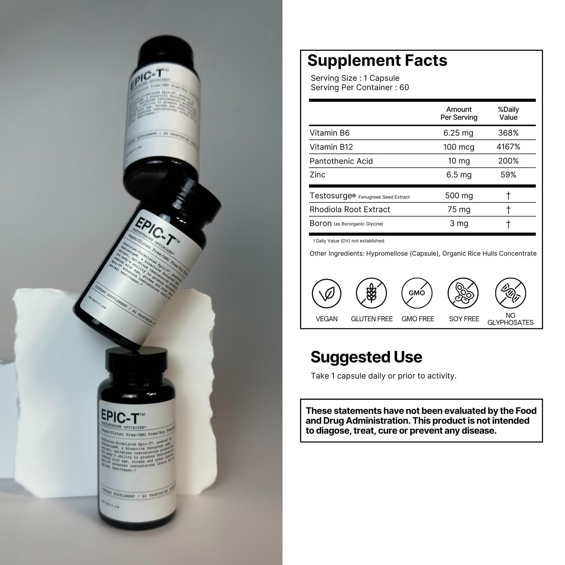 EPIC-T Testosterone Support Supplement for Men | Plant-Based Formula with Testosurge, B-Complex, B12, Zinc & Boron | Vegan, Non-GMO Daily Support EPIC buy supplements canada