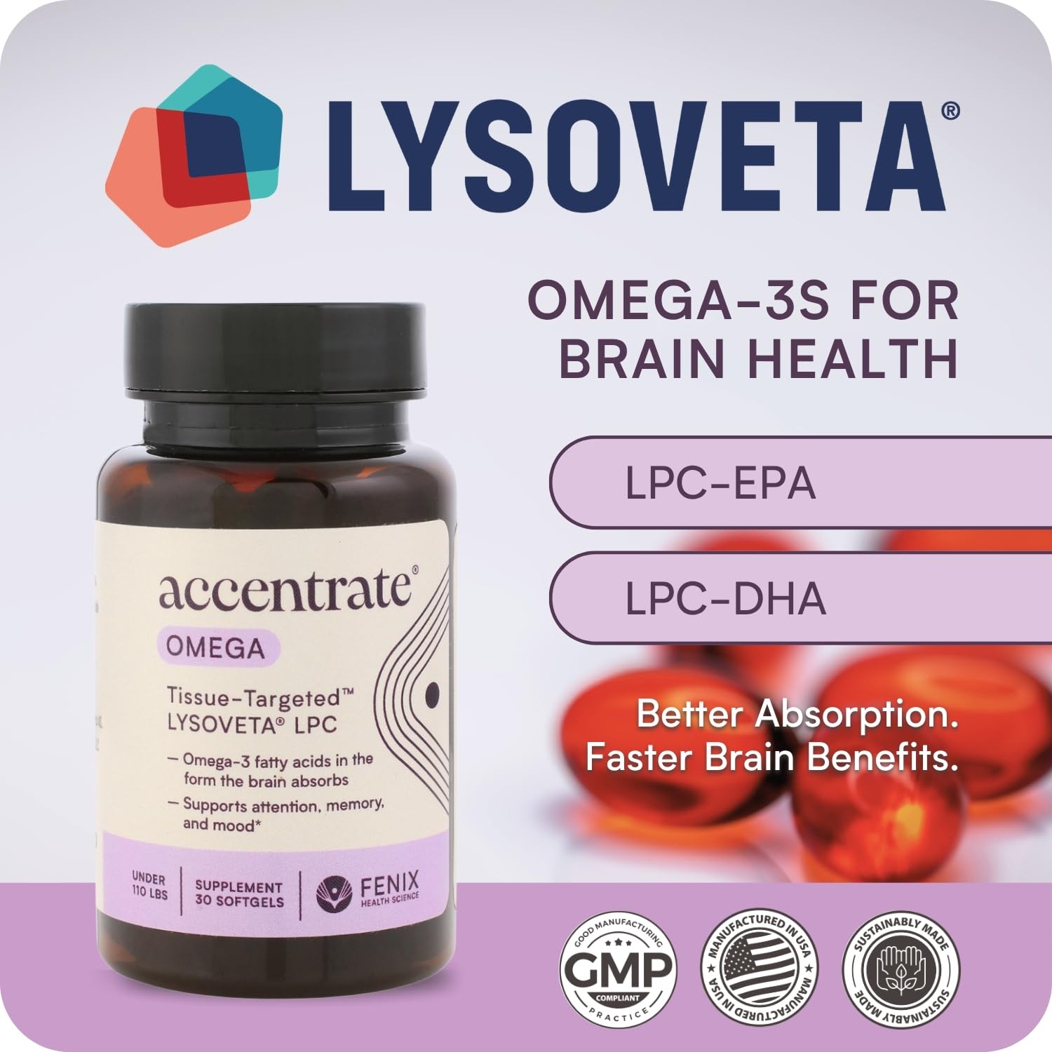 Omega w/LYSOVETA LPC | EPA & DHA Supplements for Brain Health | Focus, Attention, Memory, & Mood | 6X Higher Absorption Than Fish Oil | Omega-3 Fatty Acid Supplements | Highest Potency LPC-DHA Accentrate buy supplements canada