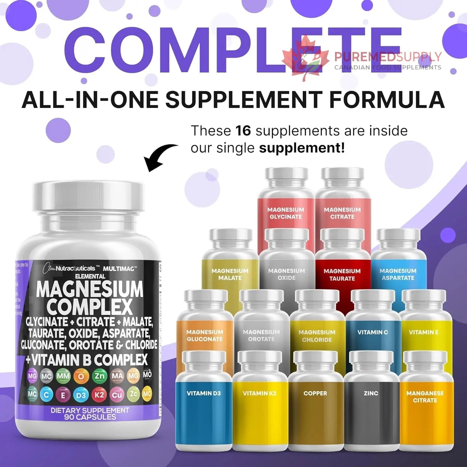 Clean Nutraceuticals Magnesium Complex with Magnesium Glycinate Citrate Malate Oxide Taurate Aspartate Orotate & Mag Chloride, Zinc Copper Manganese (90 Count (Pack of 2)) Clean Nutraceuticals buy supplements canada
