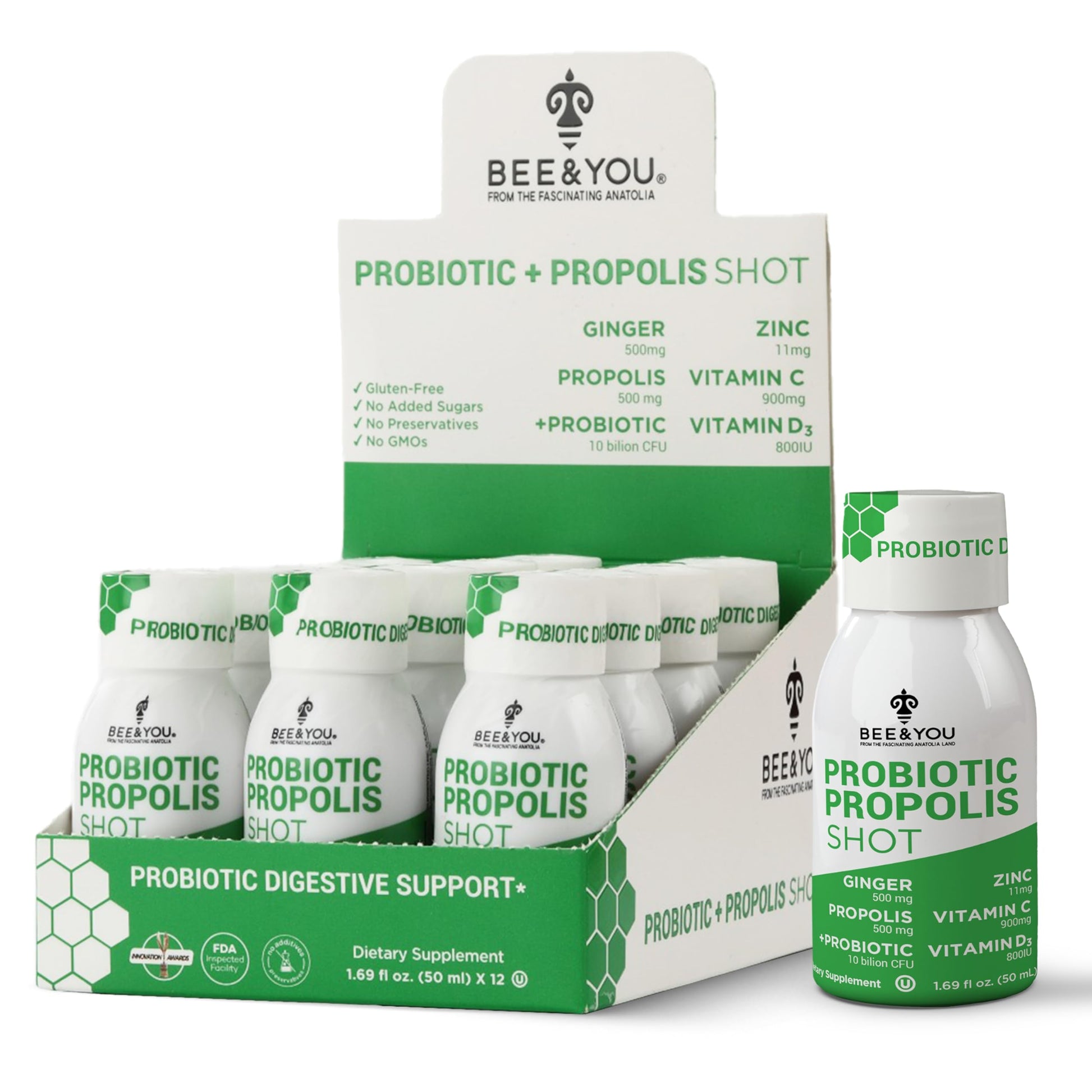 Bee and You Propolis Immune Shot, Probiotic, Vitamin C, Vitamin D3, Zinc, Ginger, Immune Support, Gut Health, Digestive Health, Bioactive 1.69 Fl. oz, 12 Pack BEE & YOU buy supplements canada