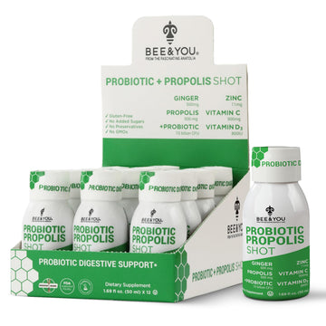 Bee and You Propolis Immune Shot, Probiotic, Vitamin C, Vitamin D3, Zinc, Ginger, Immune Support, Gut Health, Digestive Health, Bioactive 1.69 Fl. oz, 12 Pack BEE & YOU buy supplements canada