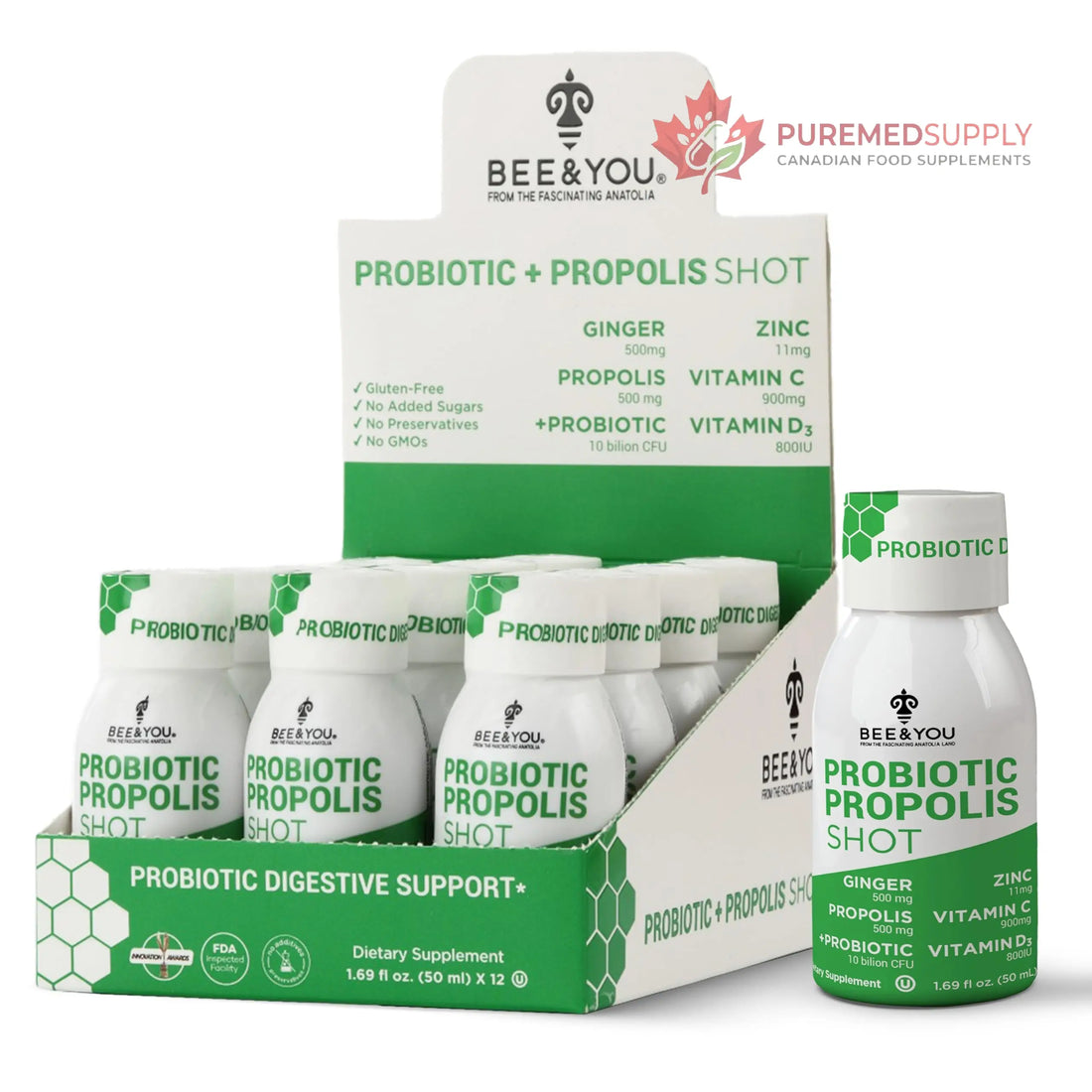 Bee and You Propolis Immune Shot, Probiotic, Vitamin C, Vitamin D3, Zinc, Ginger, Immune Support, Gut Health, Digestive Health, Bioactive 1.69 Fl. oz, 12 Pack BEE & YOU buy supplements canada