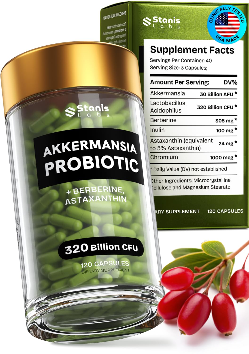 Akkermansia Muciniphila Probiotics 320 Billion CFU| Probiotic and Prebiotic | Akkermansia Probiotics for gut health | Inulin Prebiotic Fiber Capsules Astaxanthin & Berberine & Chromium | 120 capsules Stanis Labs buy supplements canada