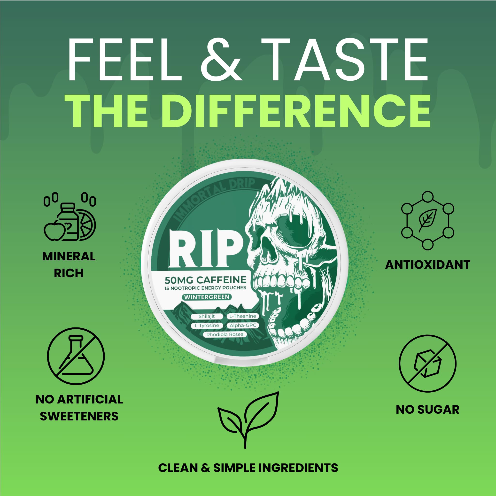 Immortal Drip RIP Nootropic Energy Pouches (Wintergreen) – 5 Cans – 15 Pouches per Can – Clean Energy & Focus Support – 50mg Caffeine, Shilajit, Alpha-GPC, L-Tyrosine, Rhodiola Immortal Drip buy supplements canada
