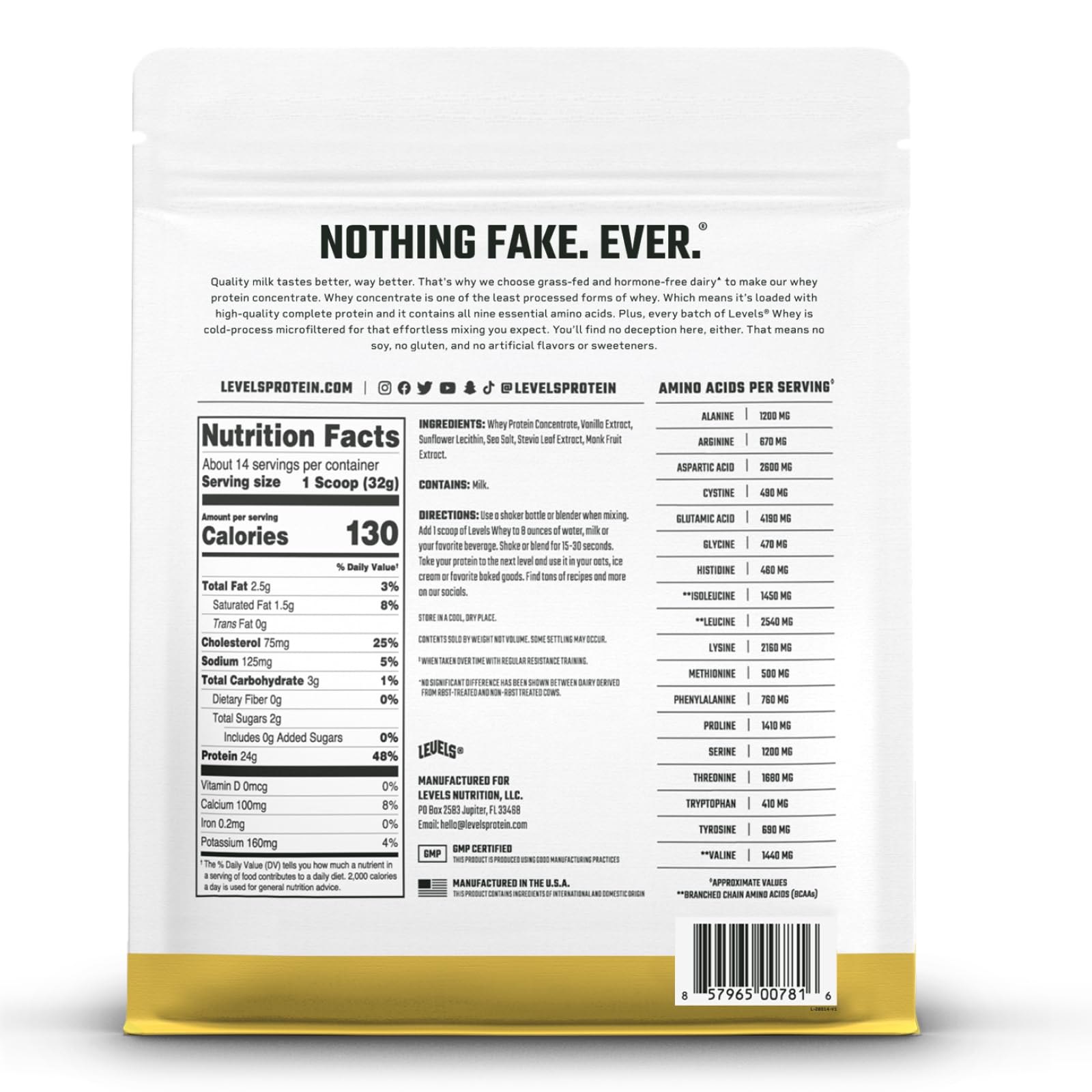 Levels Grass Fed Whey Protein Powder, No Artificials, 24G of Protein, Vanilla Bean, 1LB Levels Nutrition buy supplements canada