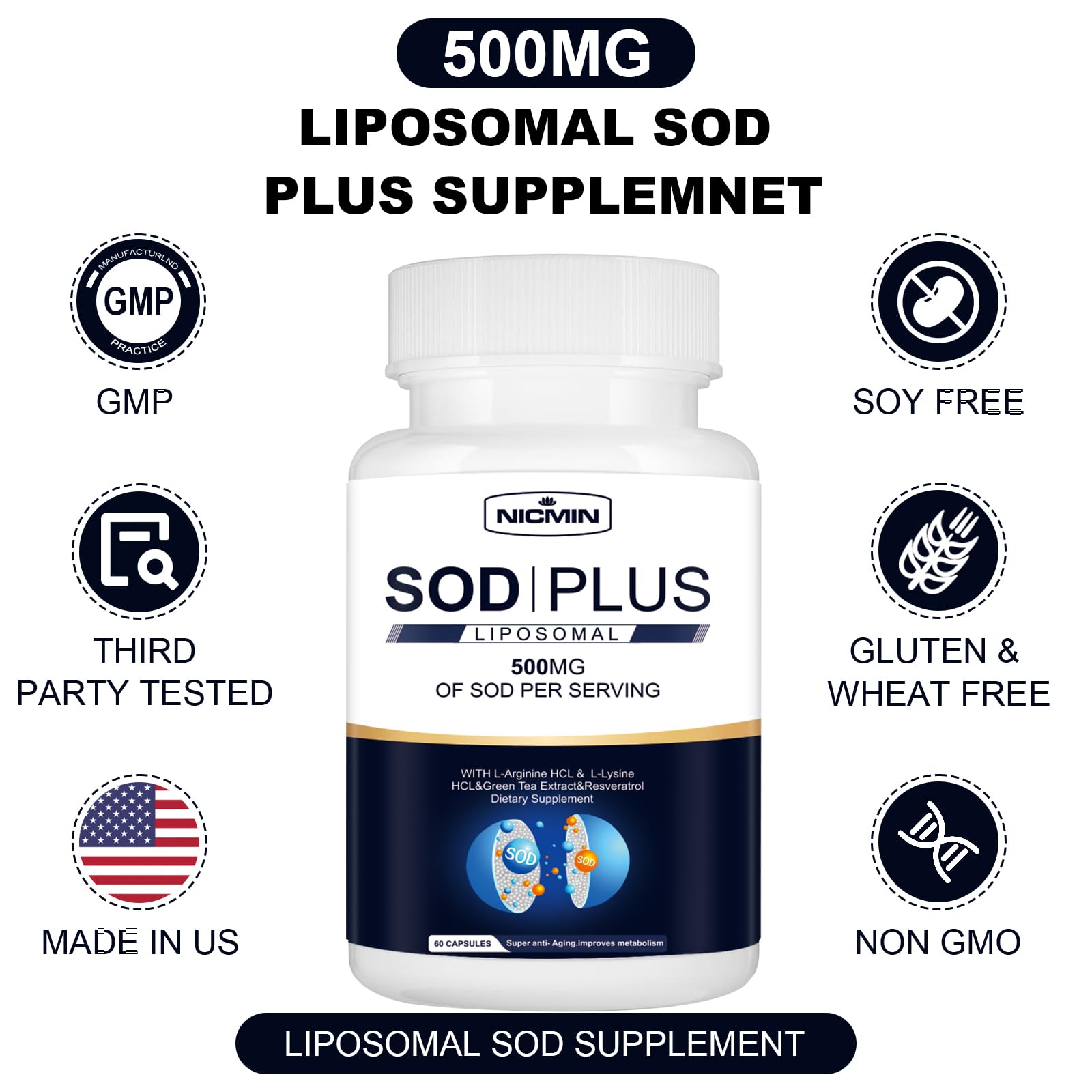 NICMIN 500MG Superoxide Dismutase Supplement - SOD Plus with Liposomal Glutathione, AKG, Green Tea Extract, L-Arginine, Lysine, Resveratrol and Vitamin E for Immune Support, Antioxidant 120 Capsules NICMIN buy supplements canada