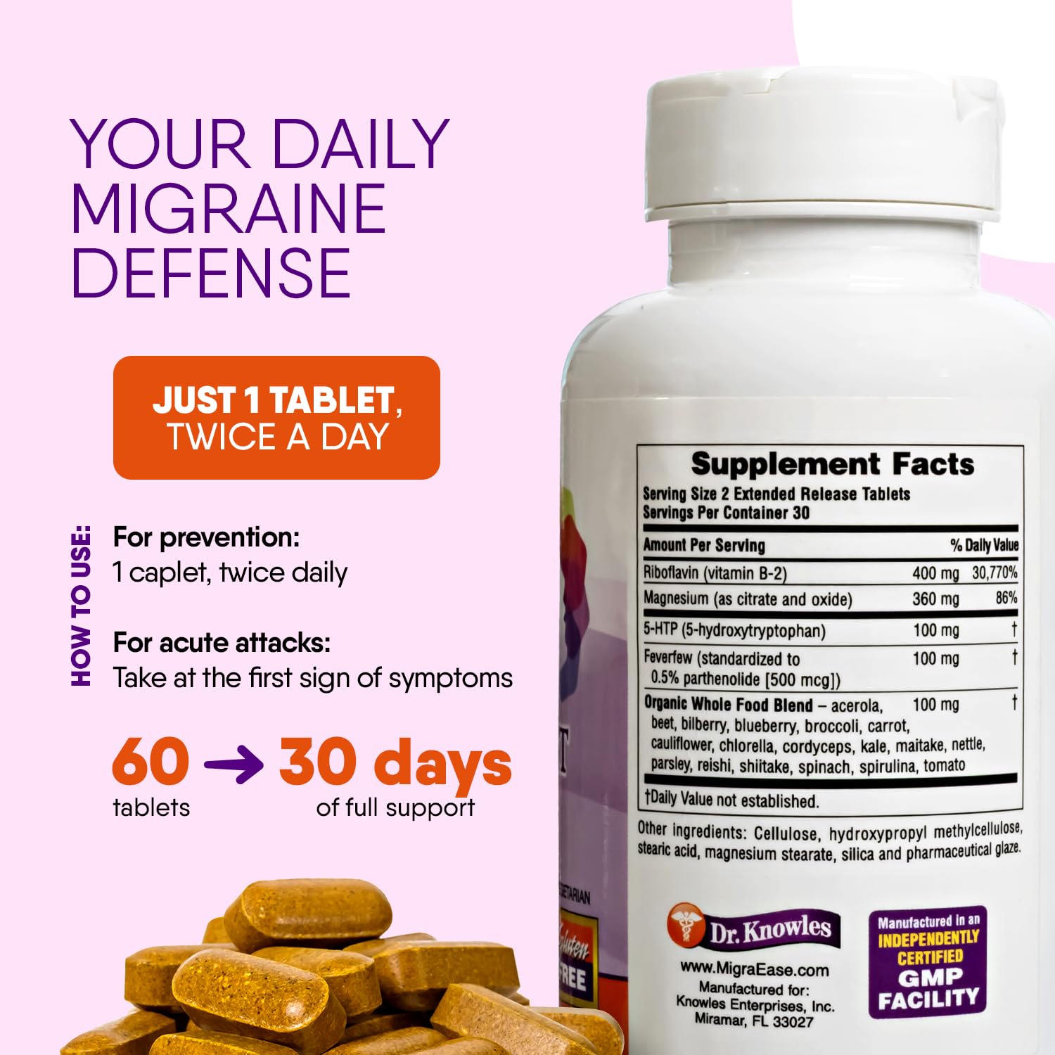 Doctor Knowles Migraine Supplement |Complete Natural Migraine Prevention & Relief Pills with Magnesium, 5-HTP, Feverfew, Riboflavin & Organic Blend |Caffeine Free, Extended-Release Tablets (60 Units) DR. KNOWLES buy supplements canada