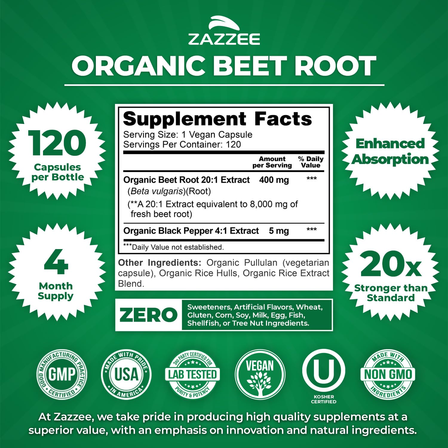 Zazzee USDA Organic Beet Root 20:1 Extract, 120 Vegan Quick Release Capsules, 4 Month Supply, Nitric Oxide Support, Black Pepper Extract for Enhanced Absorption Zazzee buy supplements canada