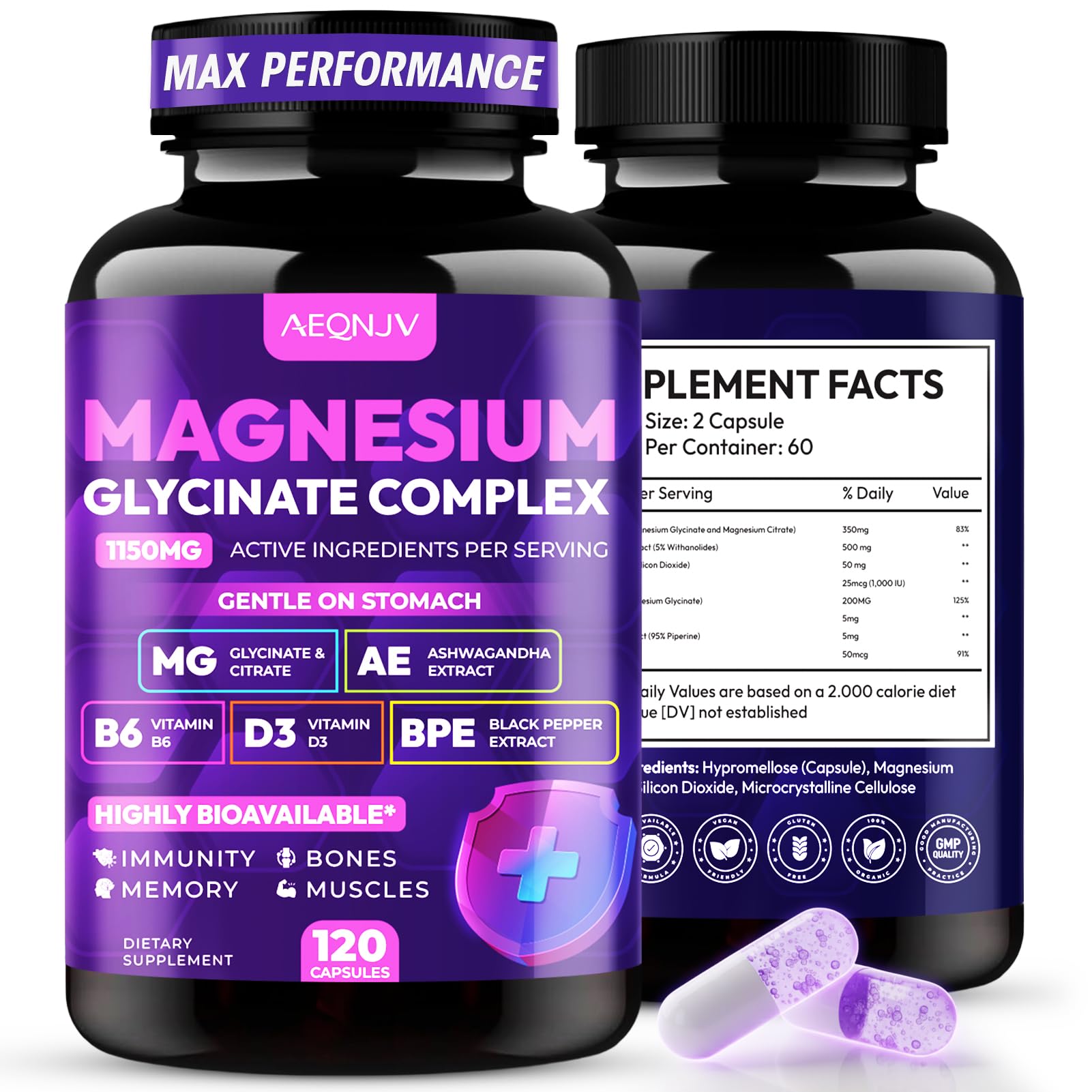Magnesium Glycinate Complex 1150mg - Gentle on Stomach High Absorption Magnesium Capsules with Citrate, Silica, Ashwagandha & Vitamin B6 for Zzz, Stress Relief, Muscle Support for Adults, Women & Men AEQNJV buy supplements canada