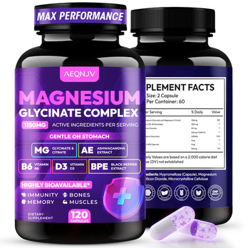 Magnesium Glycinate Complex 1150mg - Gentle on Stomach High Absorption Magnesium Capsules with Citrate, Silica, Ashwagandha & Vitamin B6 for Zzz, Stress Relief, Muscle Support for Adults, Women & Men AEQNJV buy supplements canada