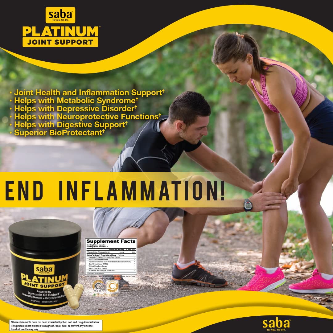 Saba Platinum Joint Support – High Absorption Curcumin C3 Reduct & Boswellia – Fast Acting Turmeric Supplement for Joint Pain Relief, Mobility & Healthy Inflammation Response – 60 Vegan Capsules Saba buy supplements canada