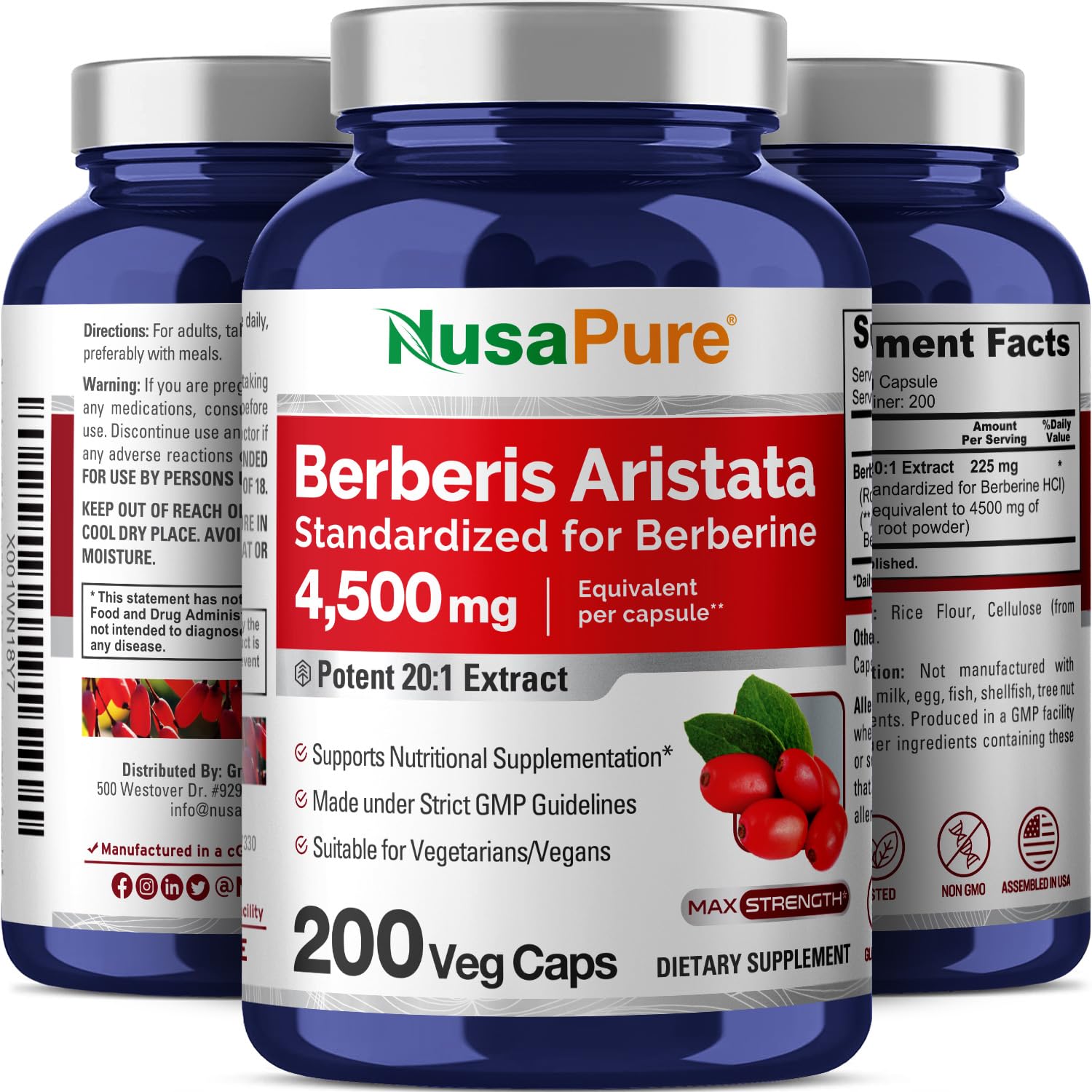 NusaPure Berberine HCI 4500 mg - 200 Veggie Caps - 6 Months Supply - (100% Vegetarian NusaPure buy supplements canada