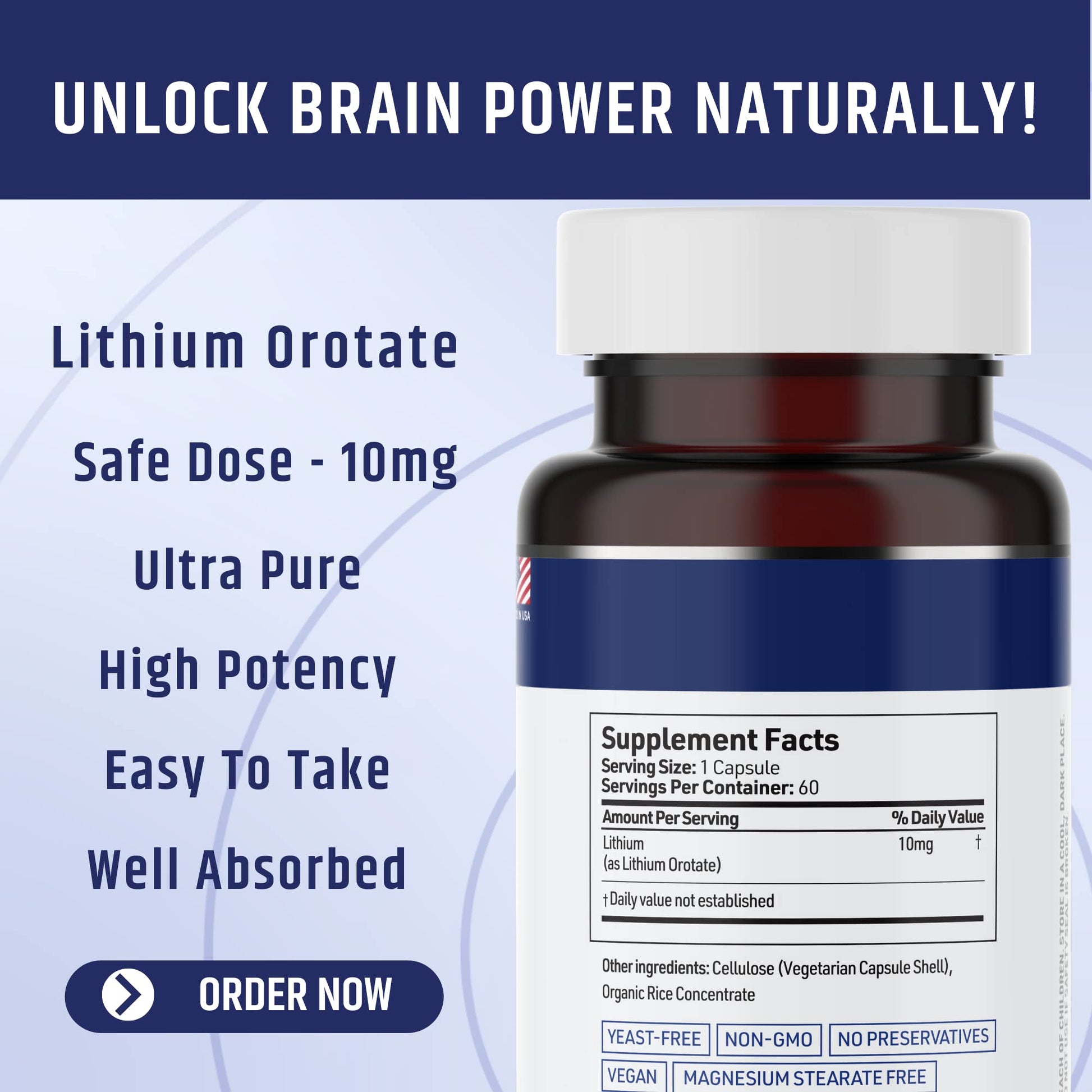 Lithium Orotate 10mg per Capsule - 60 Vegetarian Capsules. Memory and Emotional Wellness Support - Magnesium Stearate Free AgeImmune buy supplements canada